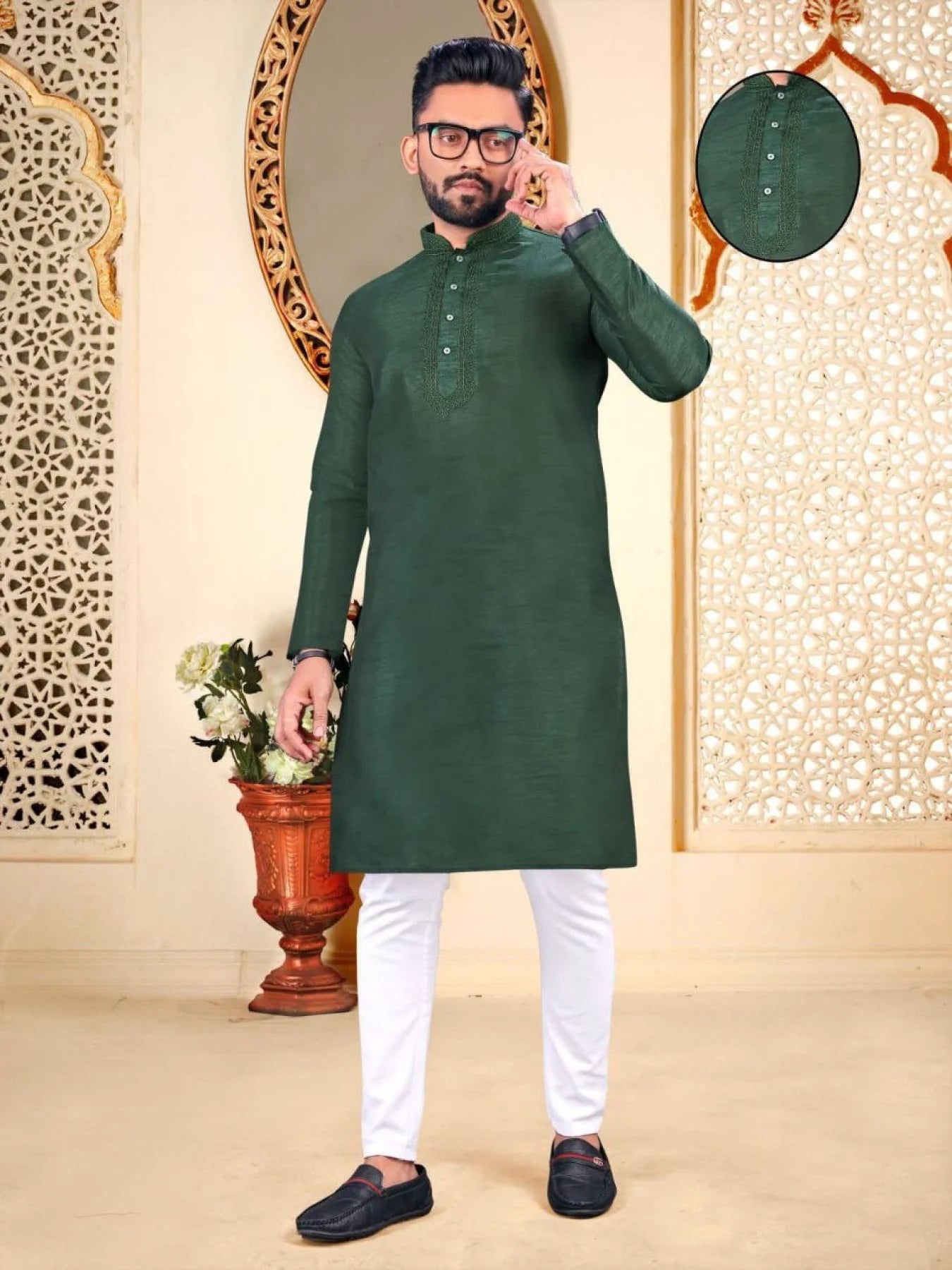 Remarkable Men's Traditional Pure Malbari Cotton Kurta with Embroidery Neck Patter