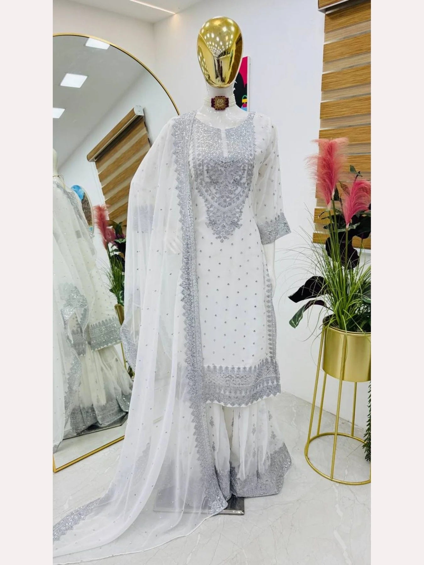 Women White Designer Foux Georgette Embroidery and Sequence work Sharara set