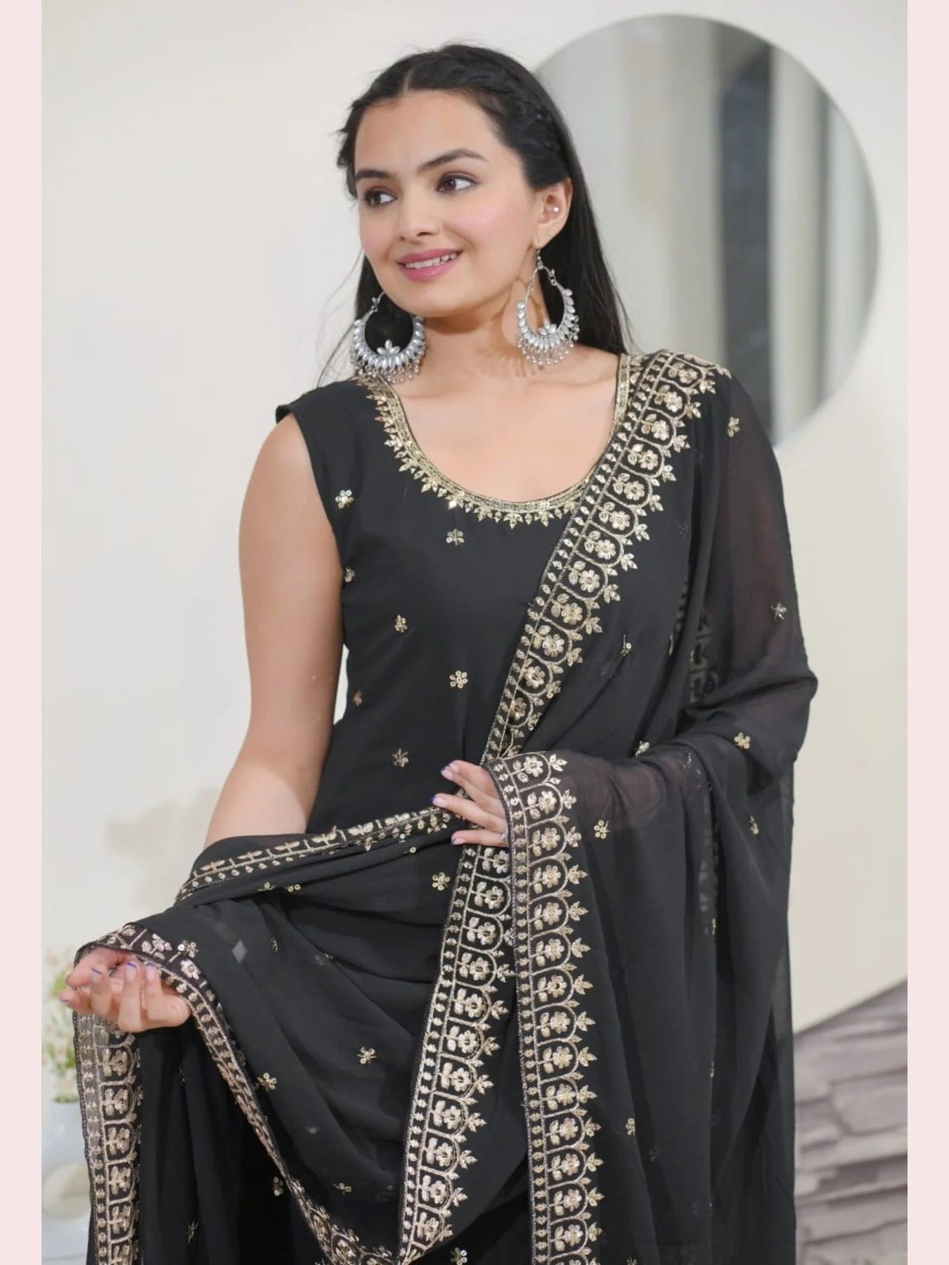 New Designer Faux Georgette Black Sharara set with Embroidery Sequence Work