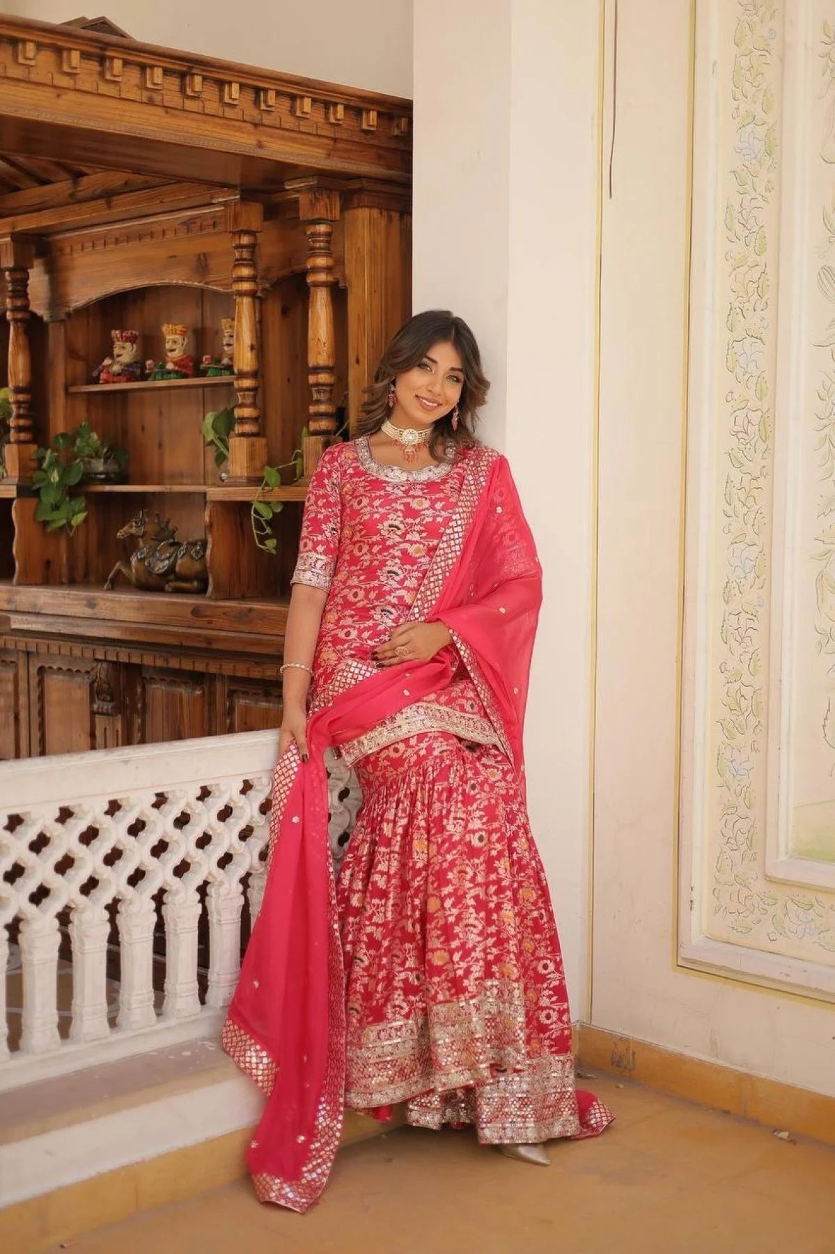 Ready to Wear Rani pink Kurti Gharara in Viscose Jacquerd and Embroidery Sequence work with Russion Silk Dupatta