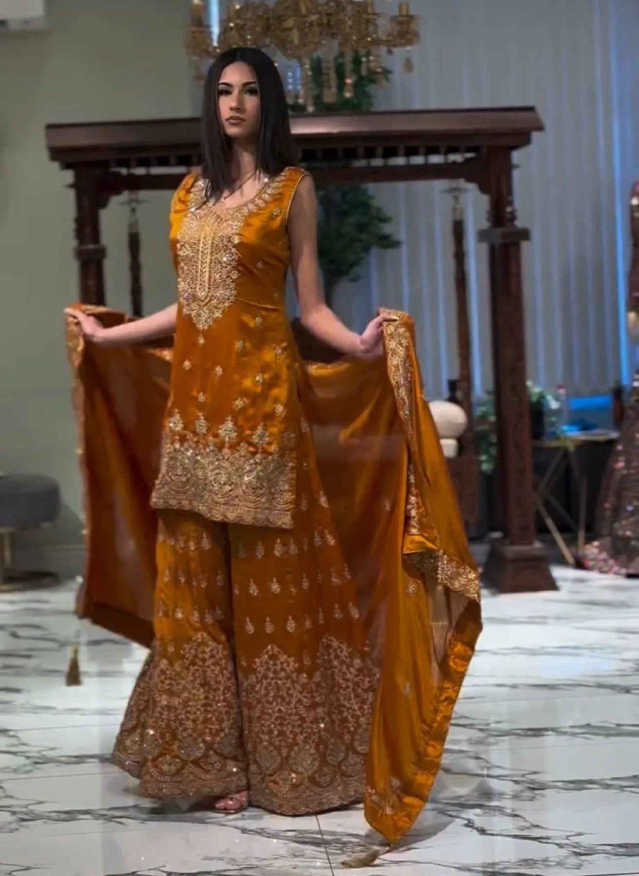 Mustard Yellow Designer Embroidery Work Kurti With Sharara Set