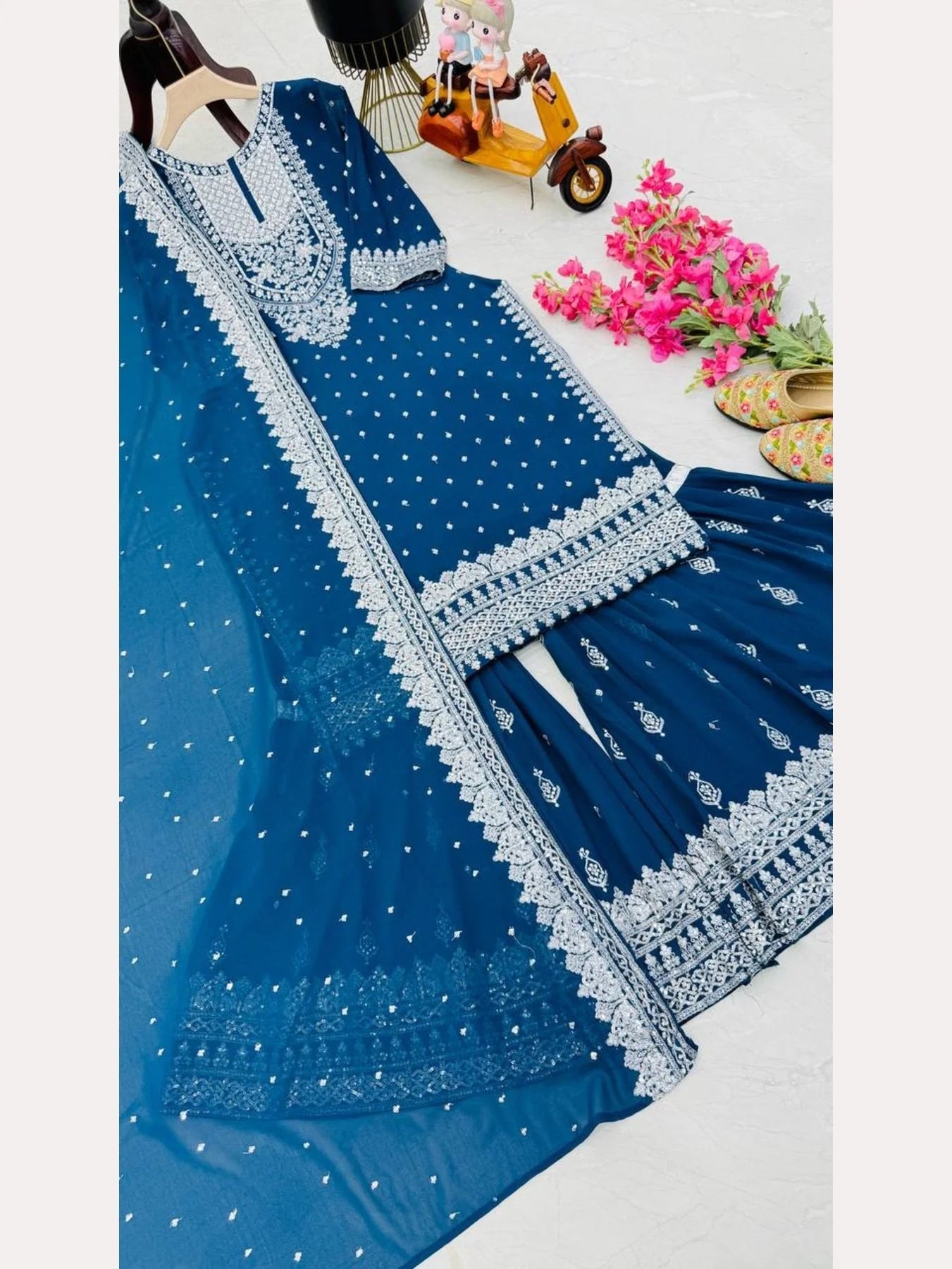 Women Blue Designer Foux Georgette Embroidery and Sequence work Sharara set