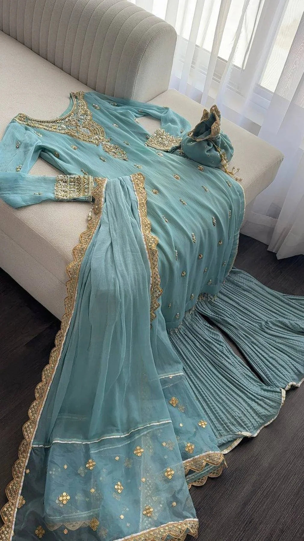 Luxurious Party Wear Sharara Suit Set Full Sleeves Embroidered Dupatta Ready to Wear Collection