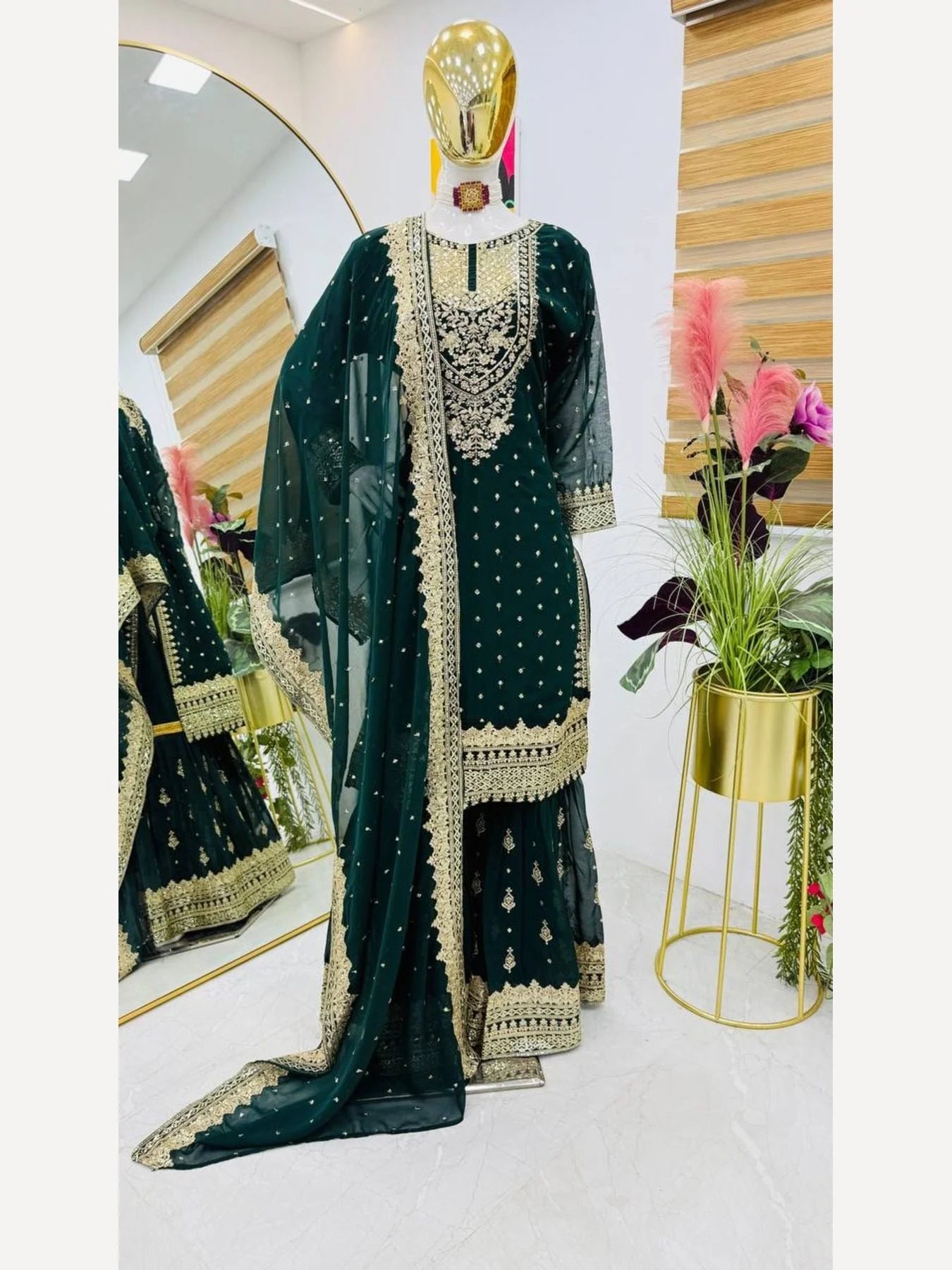 Women Green Designer Foux Georgette Embroidery and Sequence work Sharara set