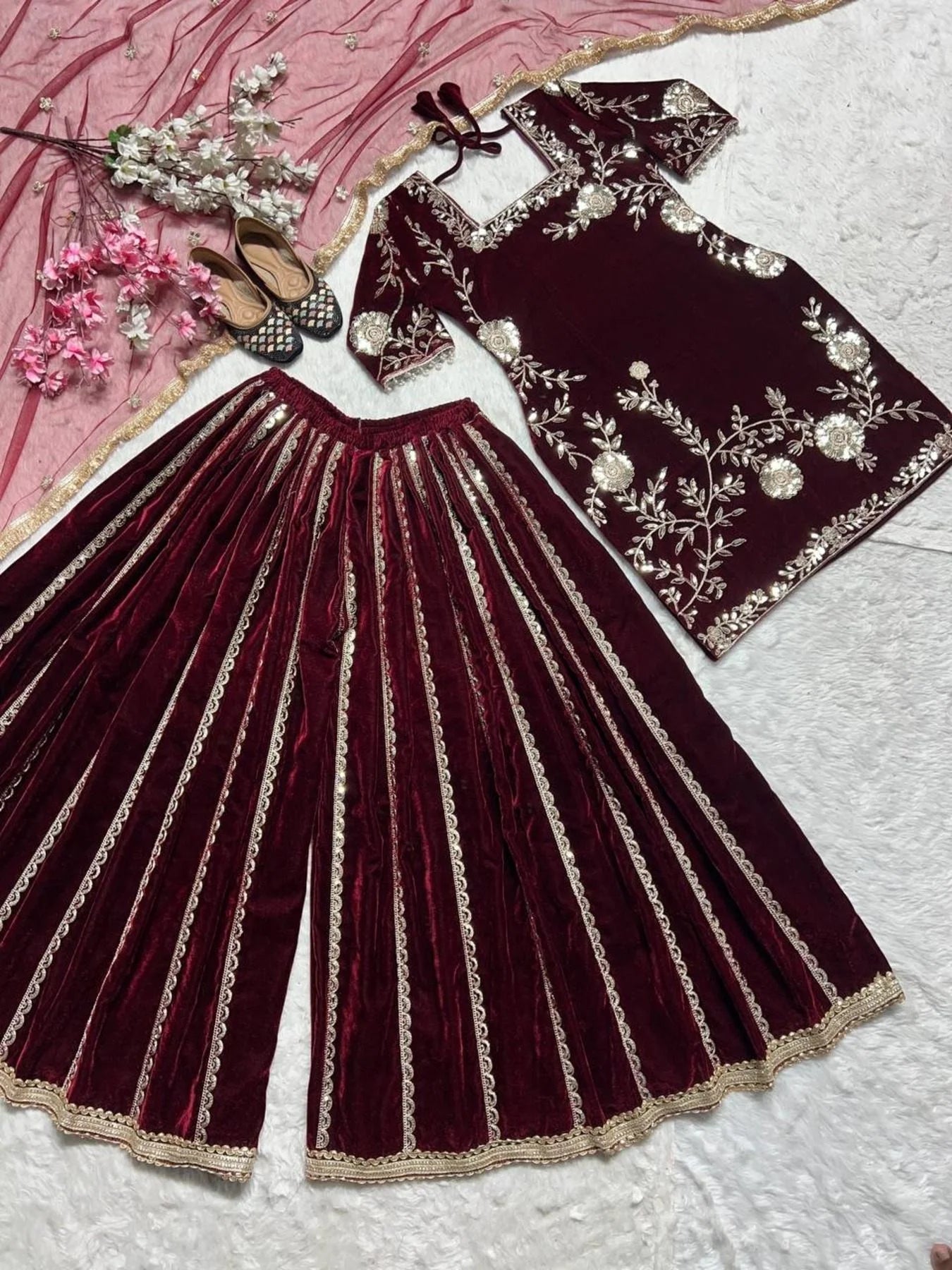 Latest Winter Viscos Velvet Sharara set with Heavy Embroidery work