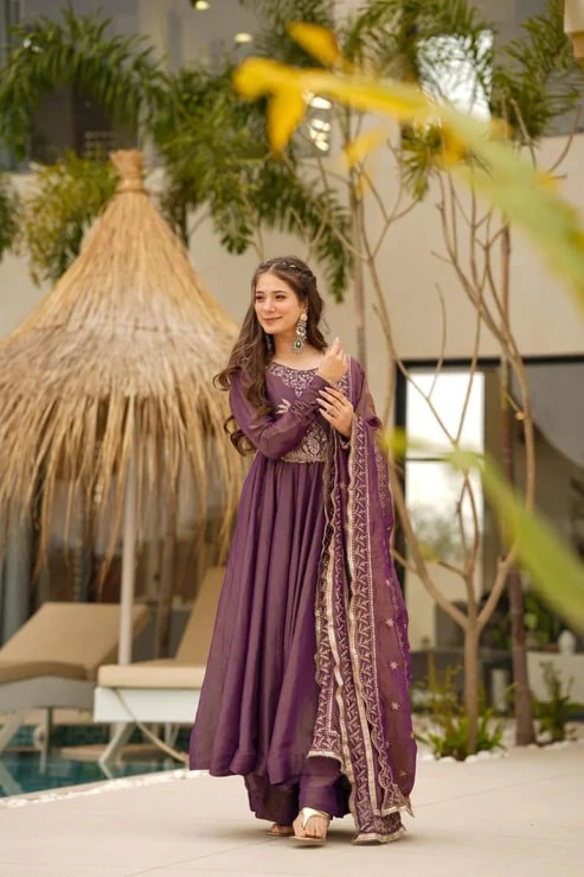 Elegant Wine Shimmer Gown Set with Heavy Embroidery Lace Border Dupatta Designer 3 Piece Party Suit at Manufacturer Rate
