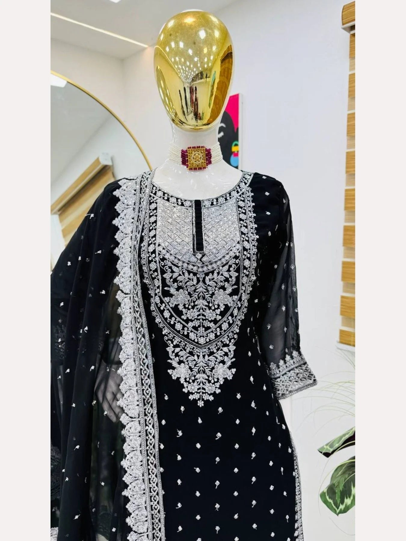 Women Black Designer Foux Georgette Embroidery and Sequence work Sharara set