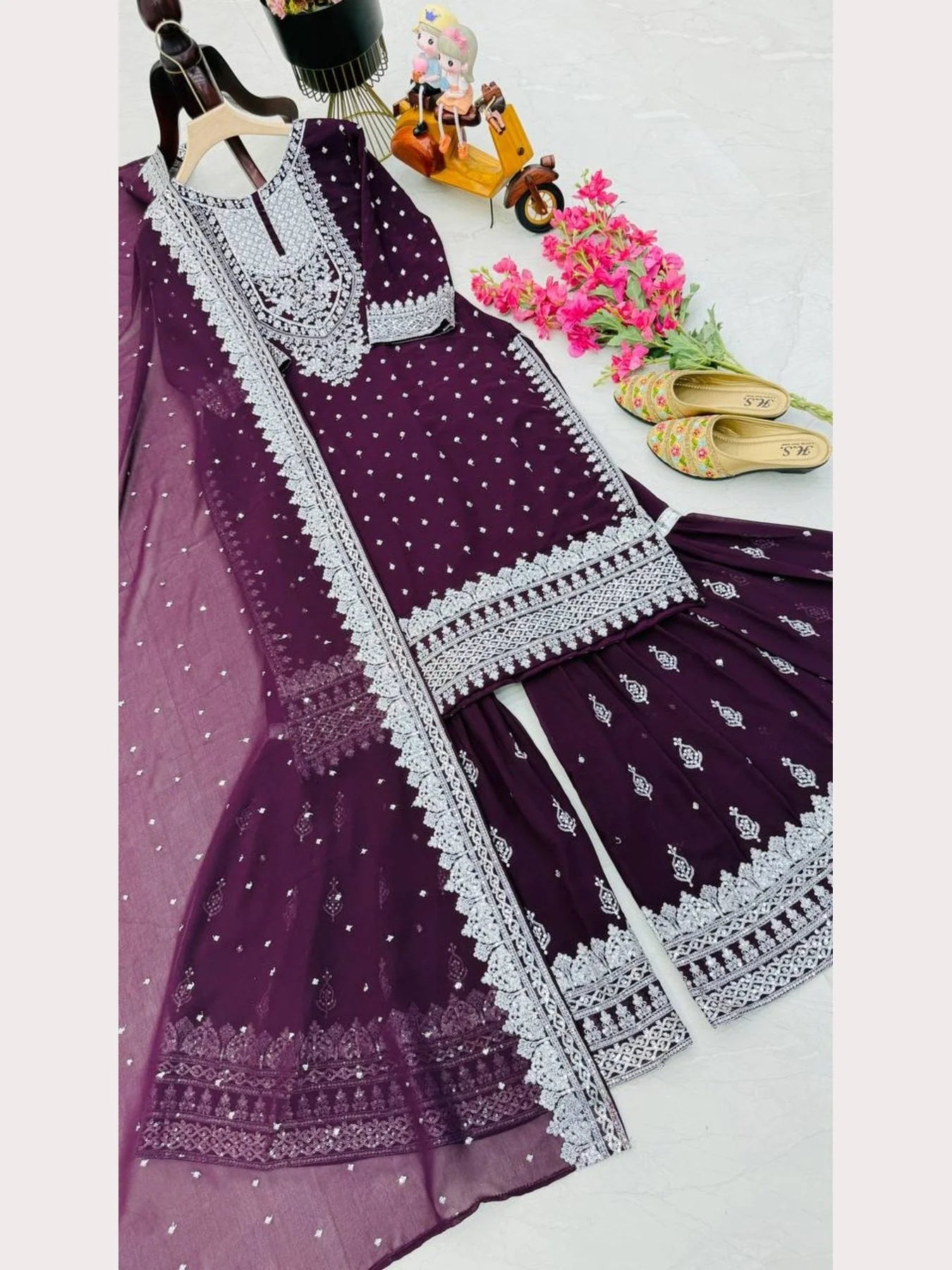 Women Maroon Designer Foux Georgette Embroidery and Sequence work Sharara set