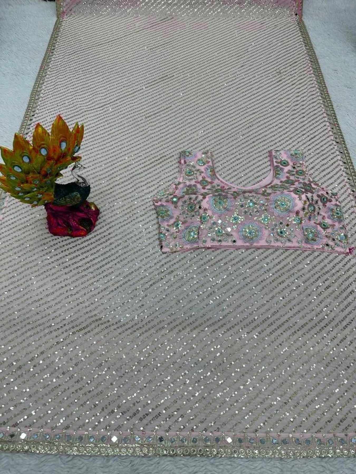 Baby Pink Mirror Sequin Embroidered Saree