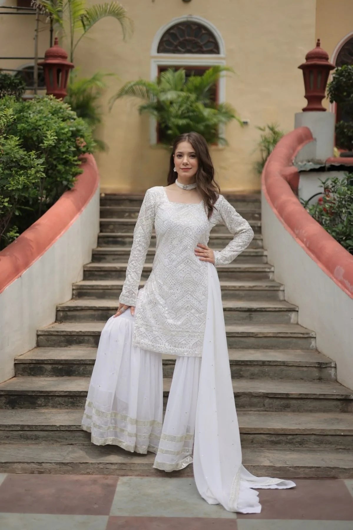 Extraordinary White Color Kurti Sharara Set with Embroidered Dupatta for Women