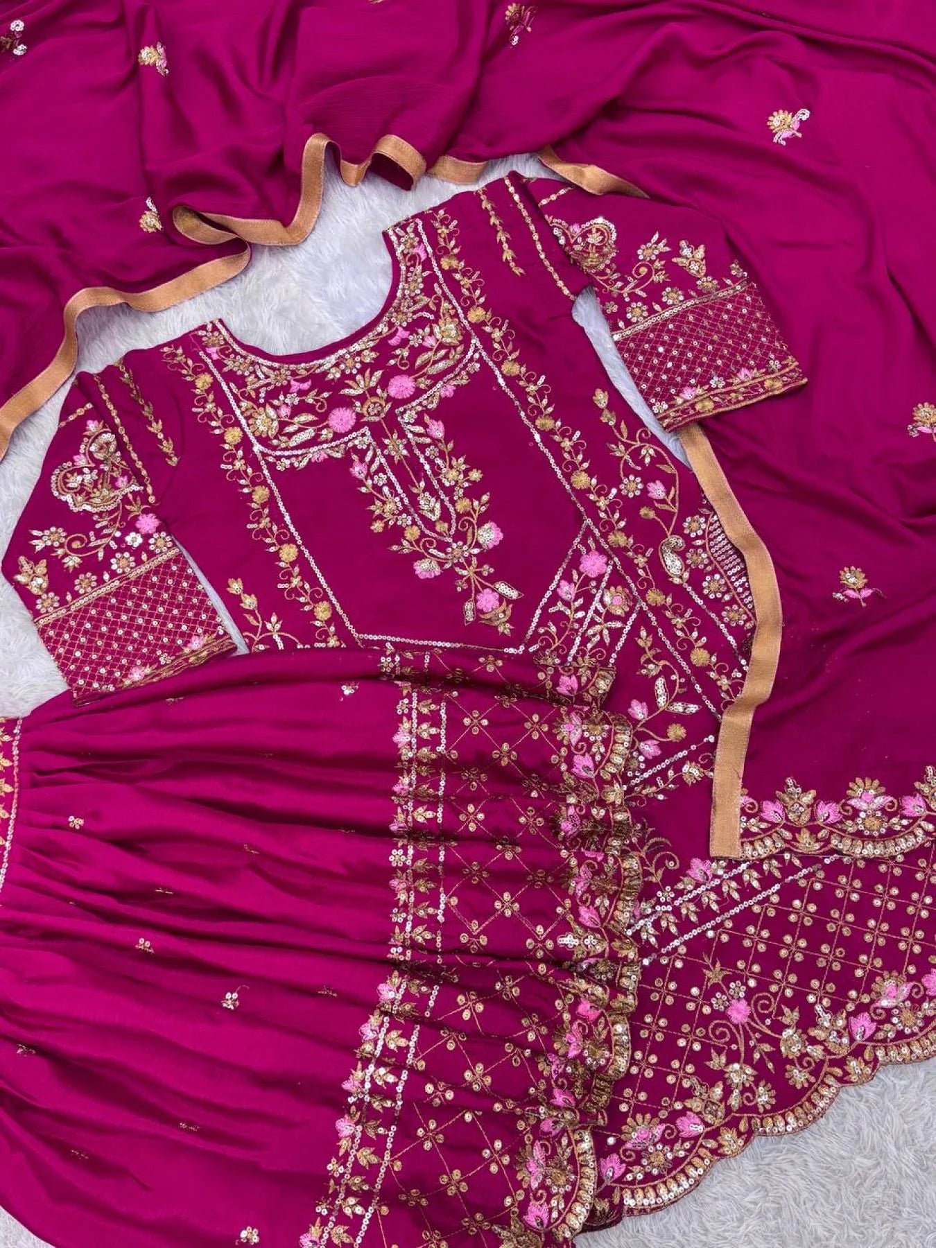 Exclusive Party Wear Readymade 3 Piece Set Pure Chinon Silk Kurti with Embroidery Sequin Work Heavy Set