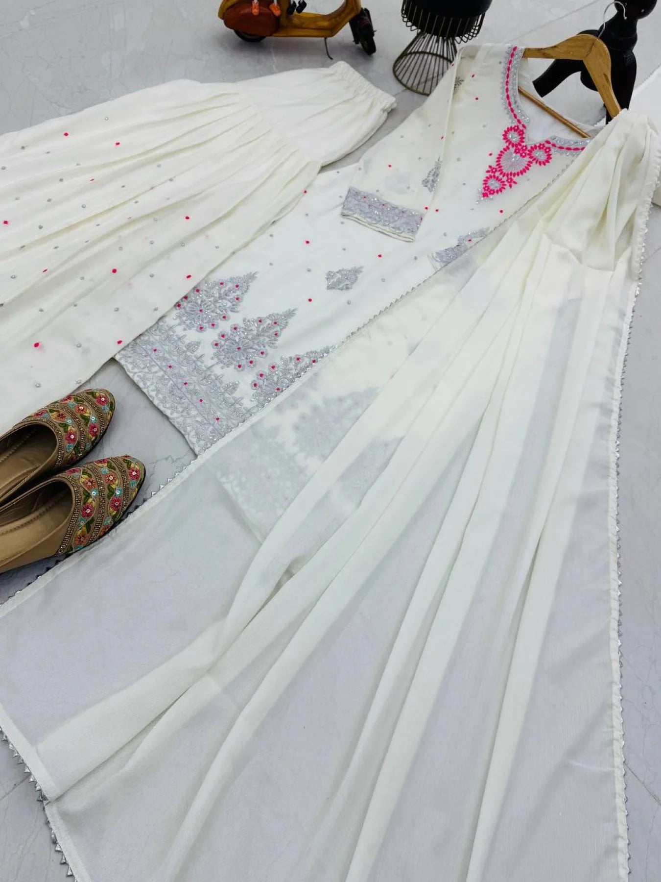 White Chinon Sharara Suit With Sequin Embroidery Ready To Wear Designer Set From Royalexport Surat
