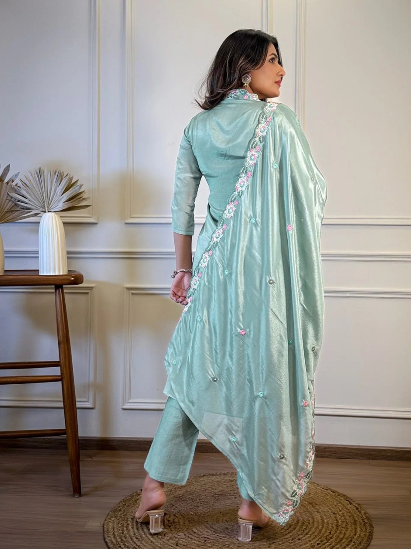 Chinon Embroidered Kurti Set with Soft Rayon Bottom and Dupatta Premium 3 Piece Suit at Low Price