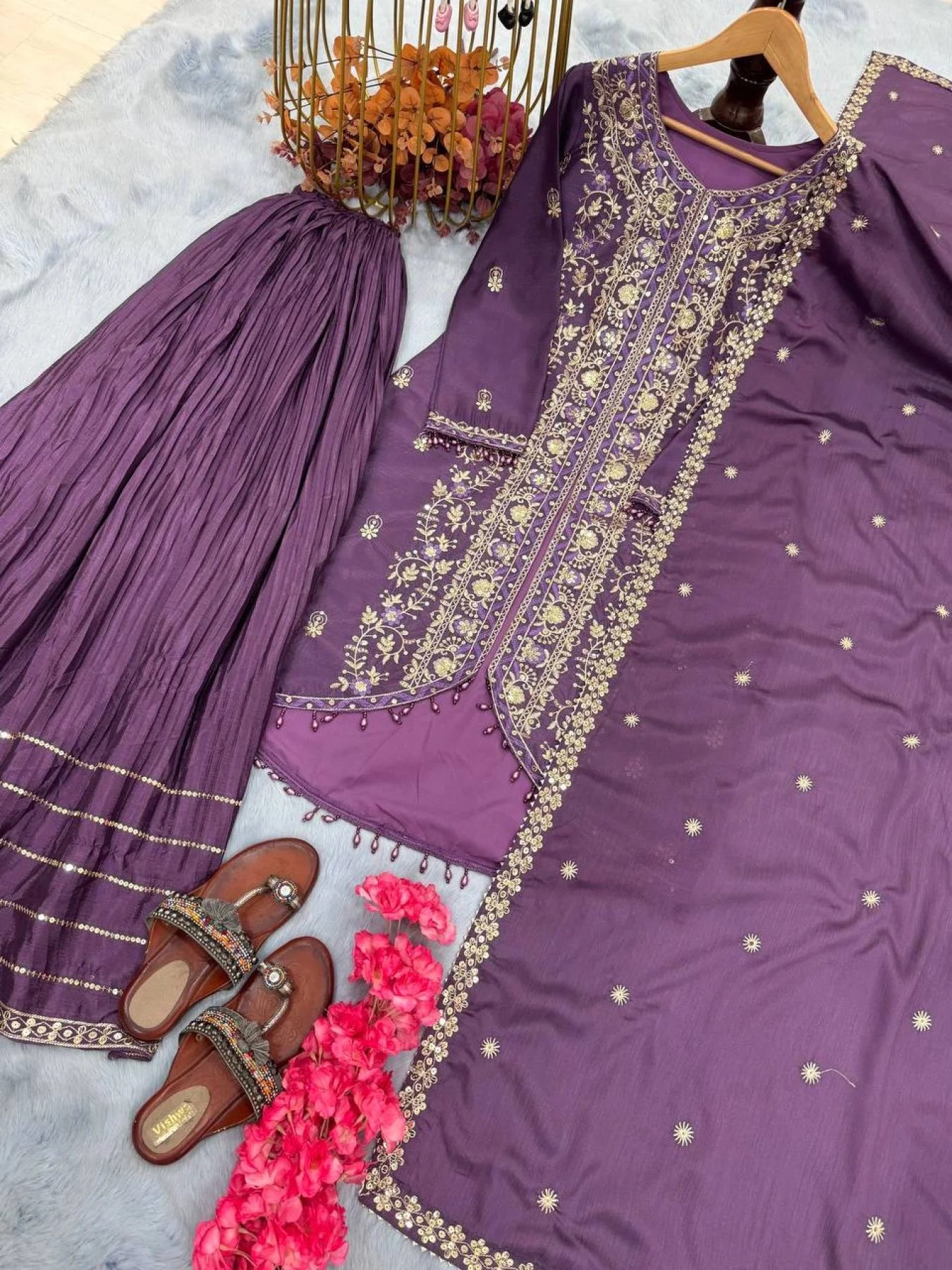 Launching New Designer Party Wear Look Pur Heavy pur chinon Silk Top Sharara Plazzo Dupatta Set