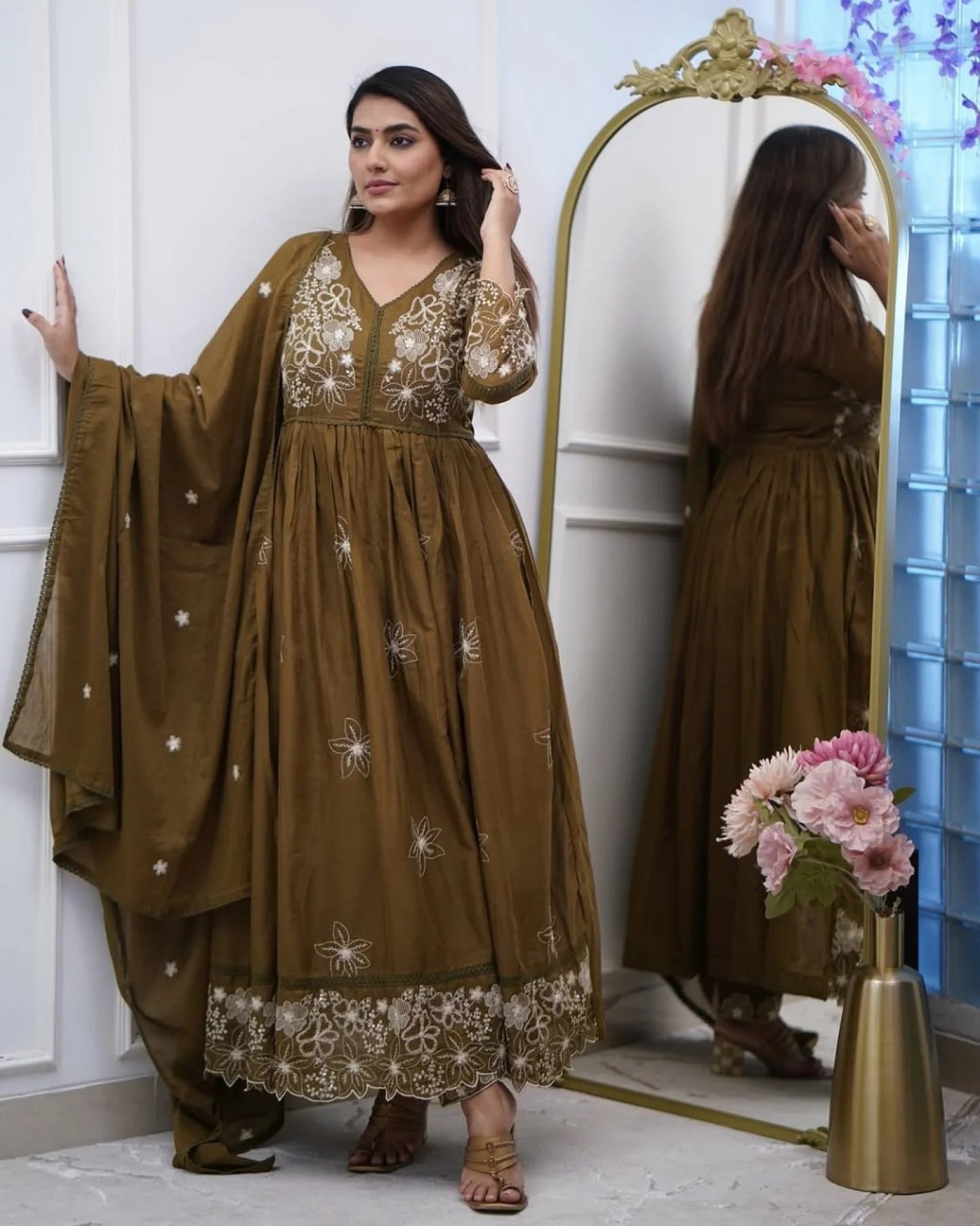 Heavy Embroidered Cotton Silk Gown Set with Chikan Lace Dupatta Ready to Wear Anarkali Collection Manufacturer in Surat