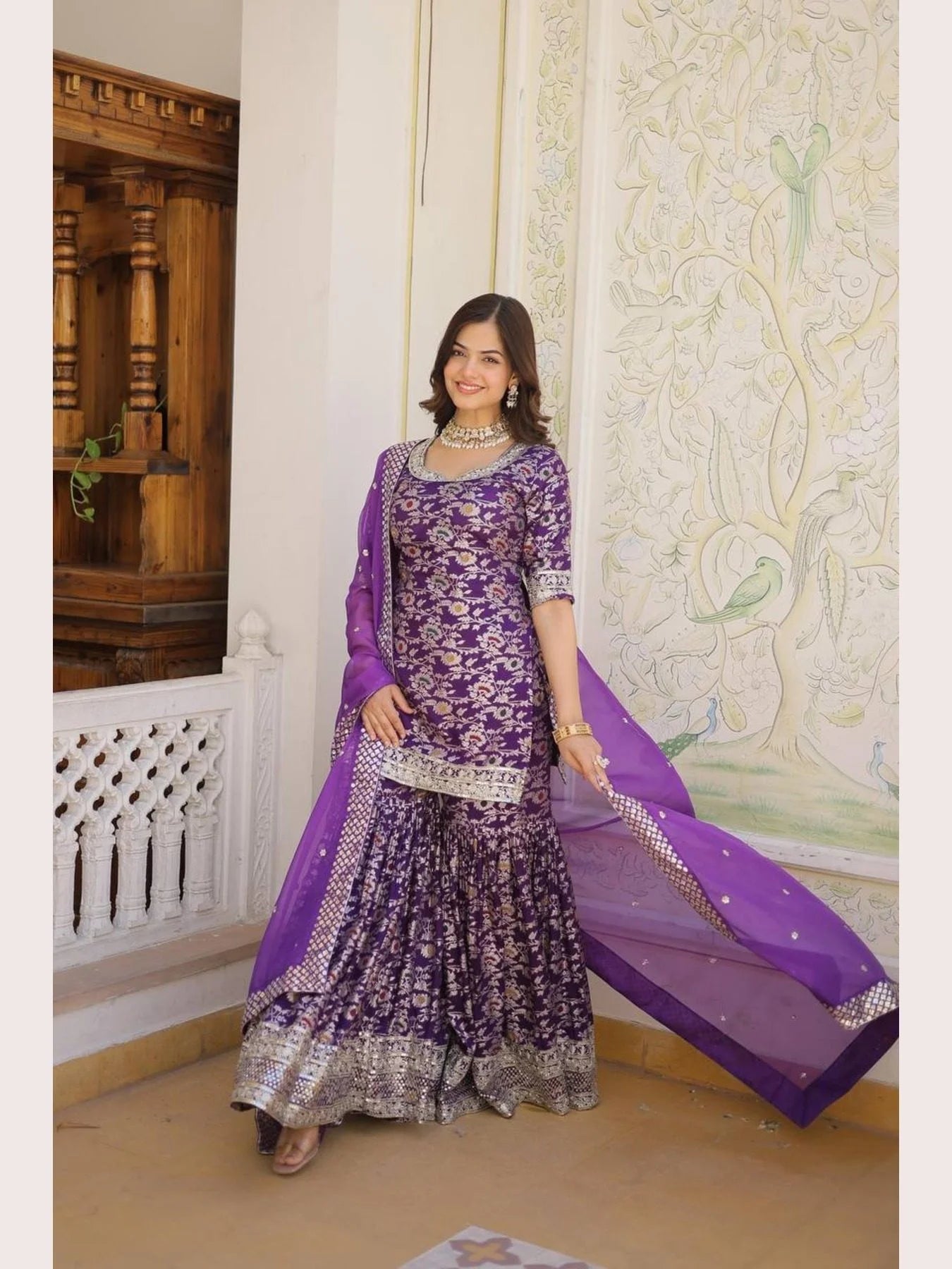 Ready to Wear wine Kurti Gharara in Viscose Jacquerd and Embroidery Sequence work with Russion Silk Dupatta