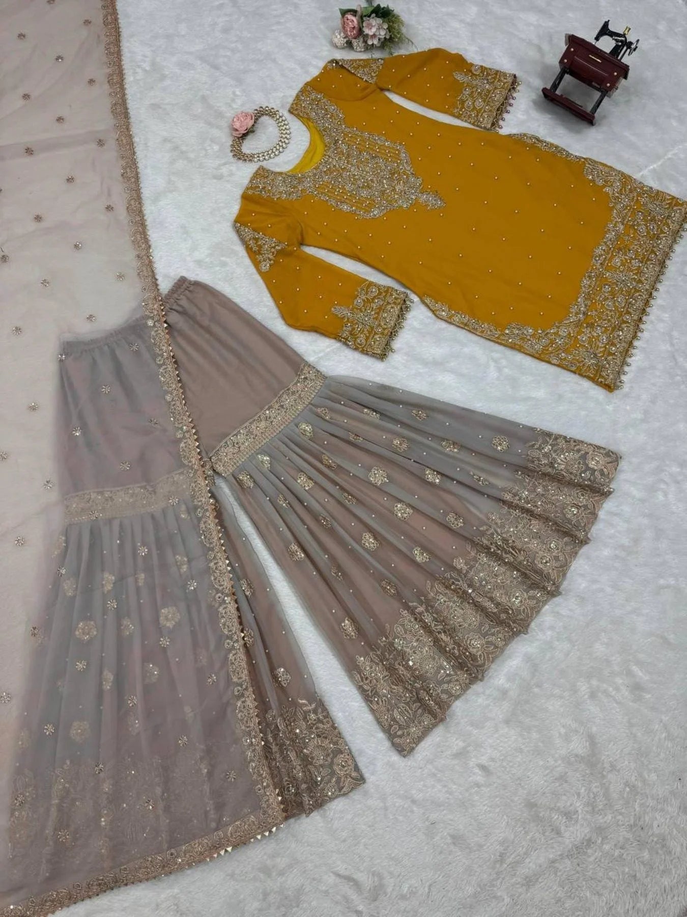 Beautiful Designer faux Georgette Sequence yellow Sharara set with Dupatta