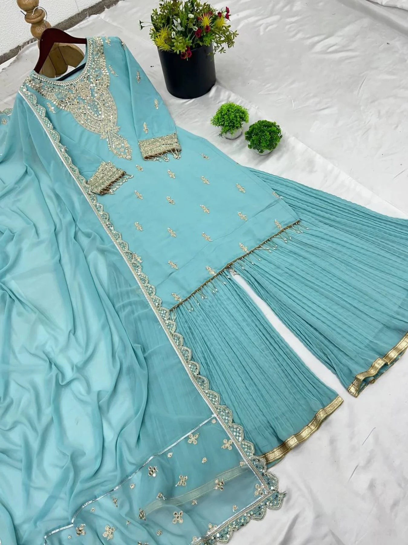 Luxurious Party Wear Sharara Suit Set Full Sleeves Embroidered Dupatta Ready to Wear Collection