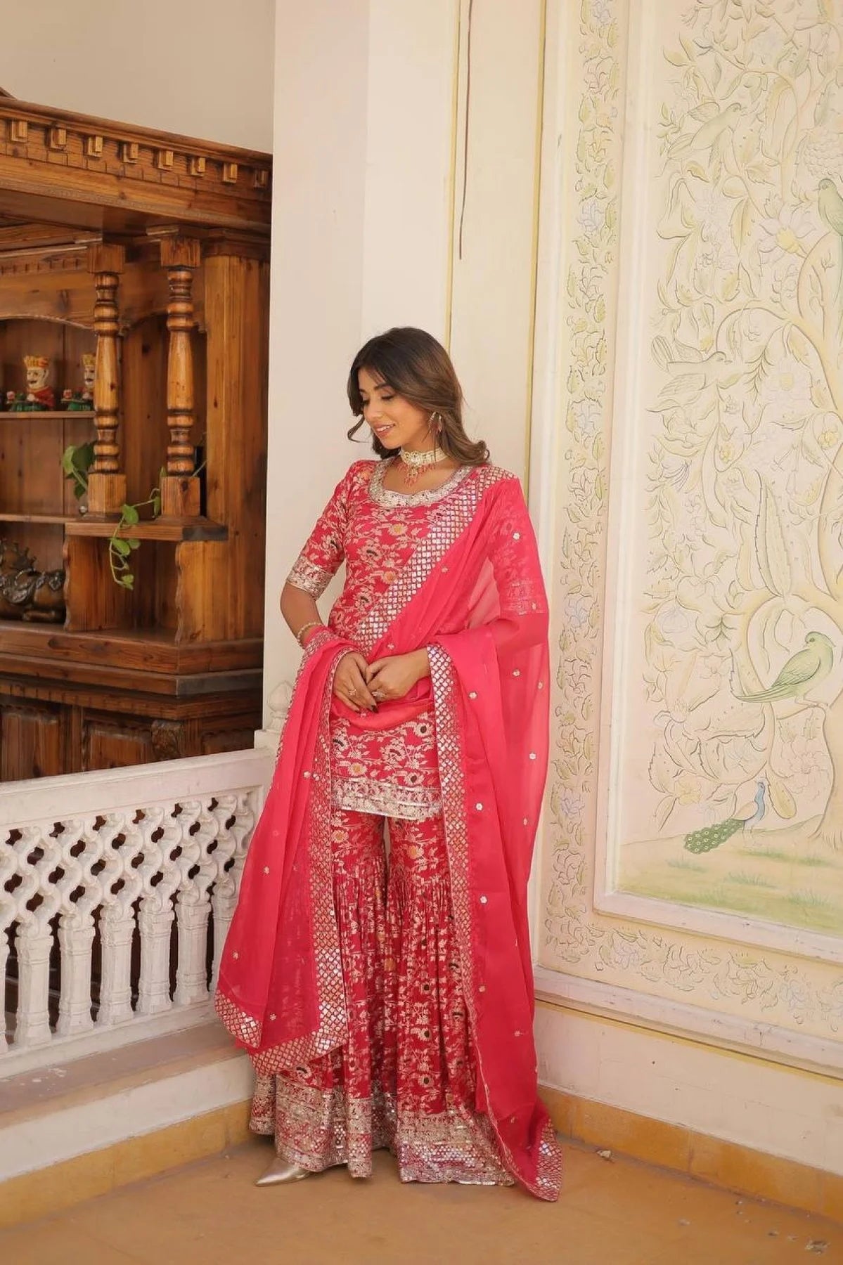 Ready to Wear Rani pink Kurti Gharara in Viscose Jacquerd and Embroidery Sequence work with Russion Silk Dupatta
