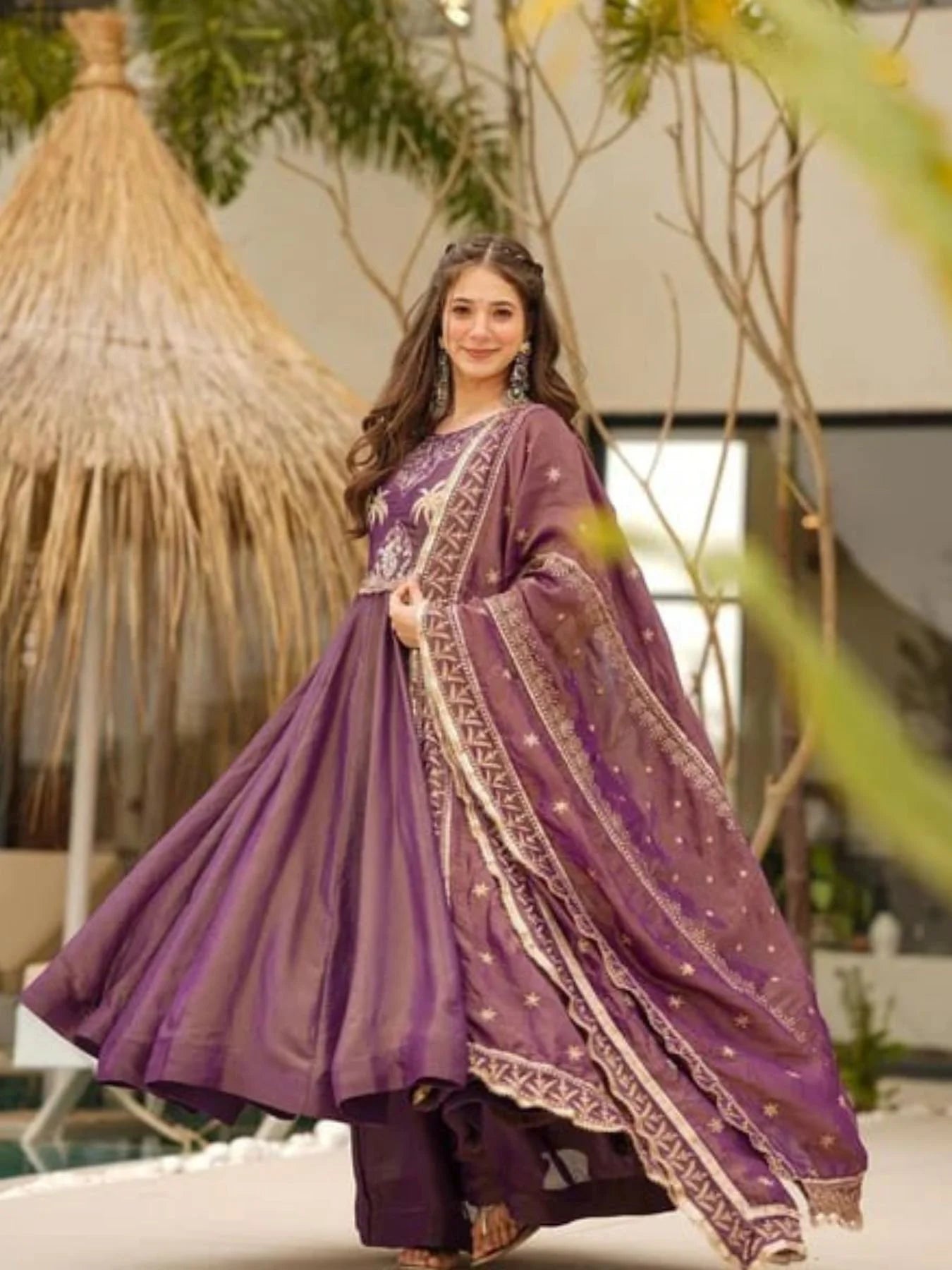 Elegant Wine Shimmer Gown Set with Heavy Embroidery Lace Border Dupatta Designer 3 Piece Party Suit at Manufacturer Rate