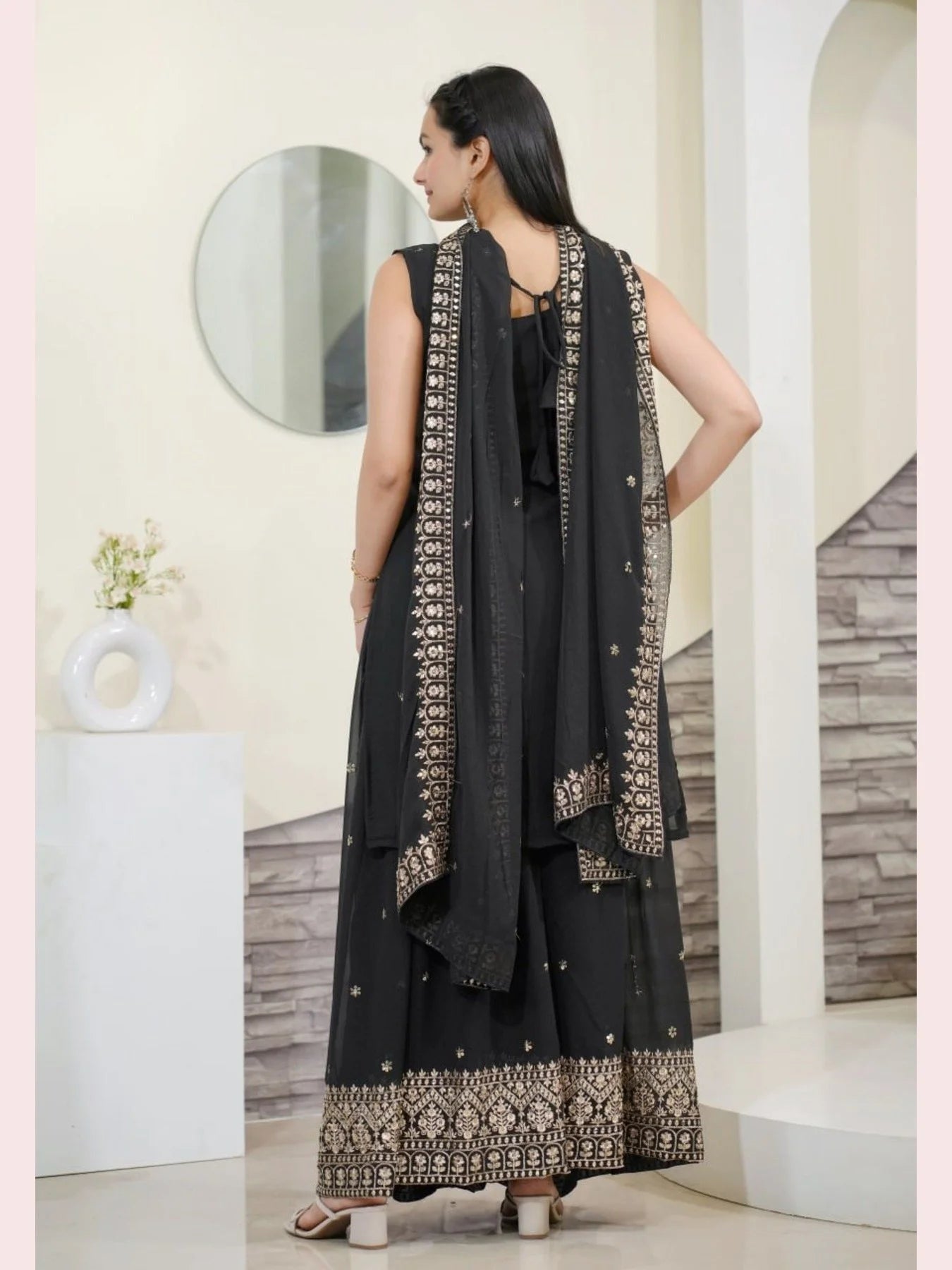 New Designer Faux Georgette Black Sharara set with Embroidery Sequence Work