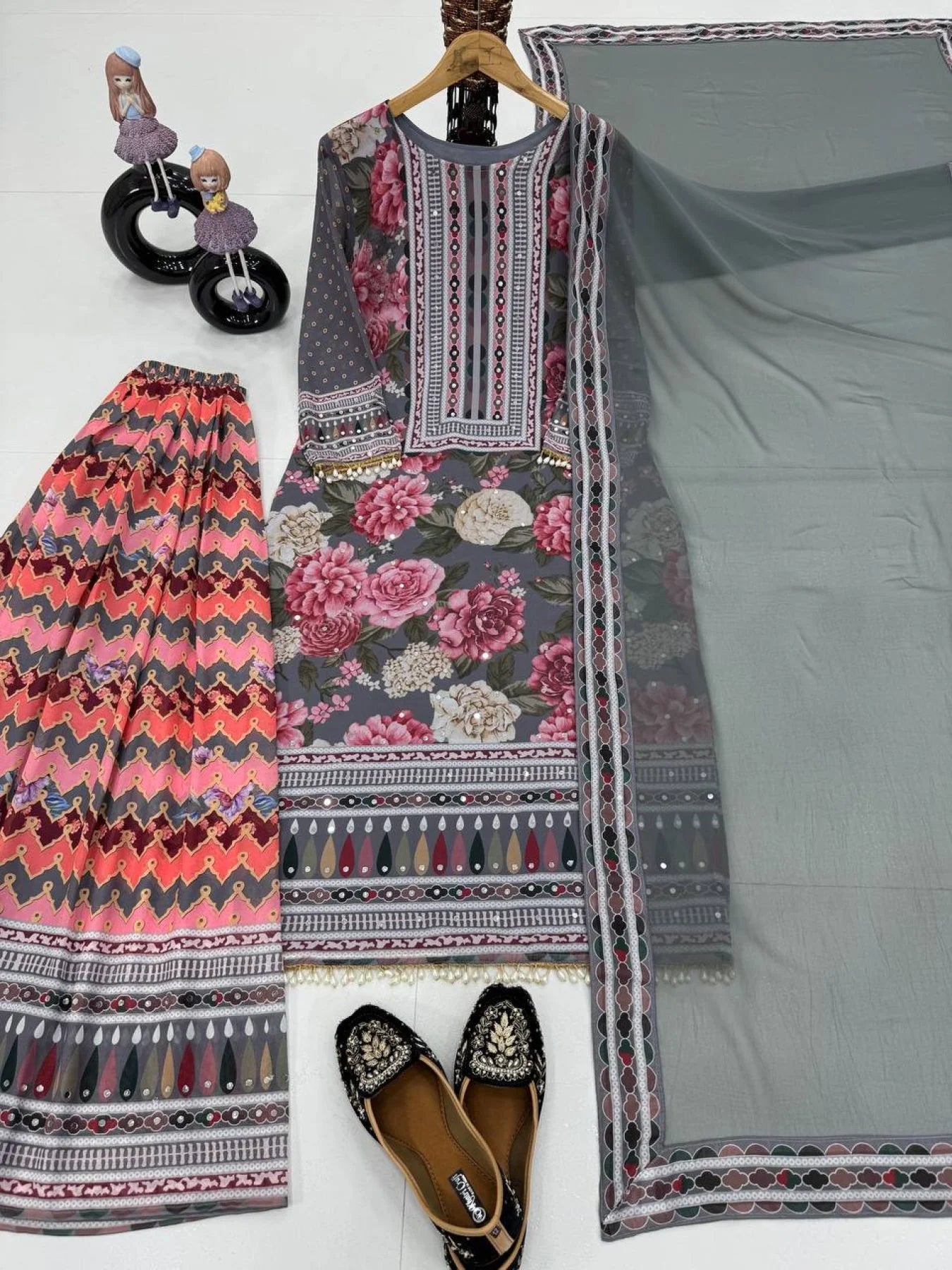 New womens wear Fancy printed Embroidered And Real Mirror Work Top And Pant With Printed Dupatta Kurta Set
