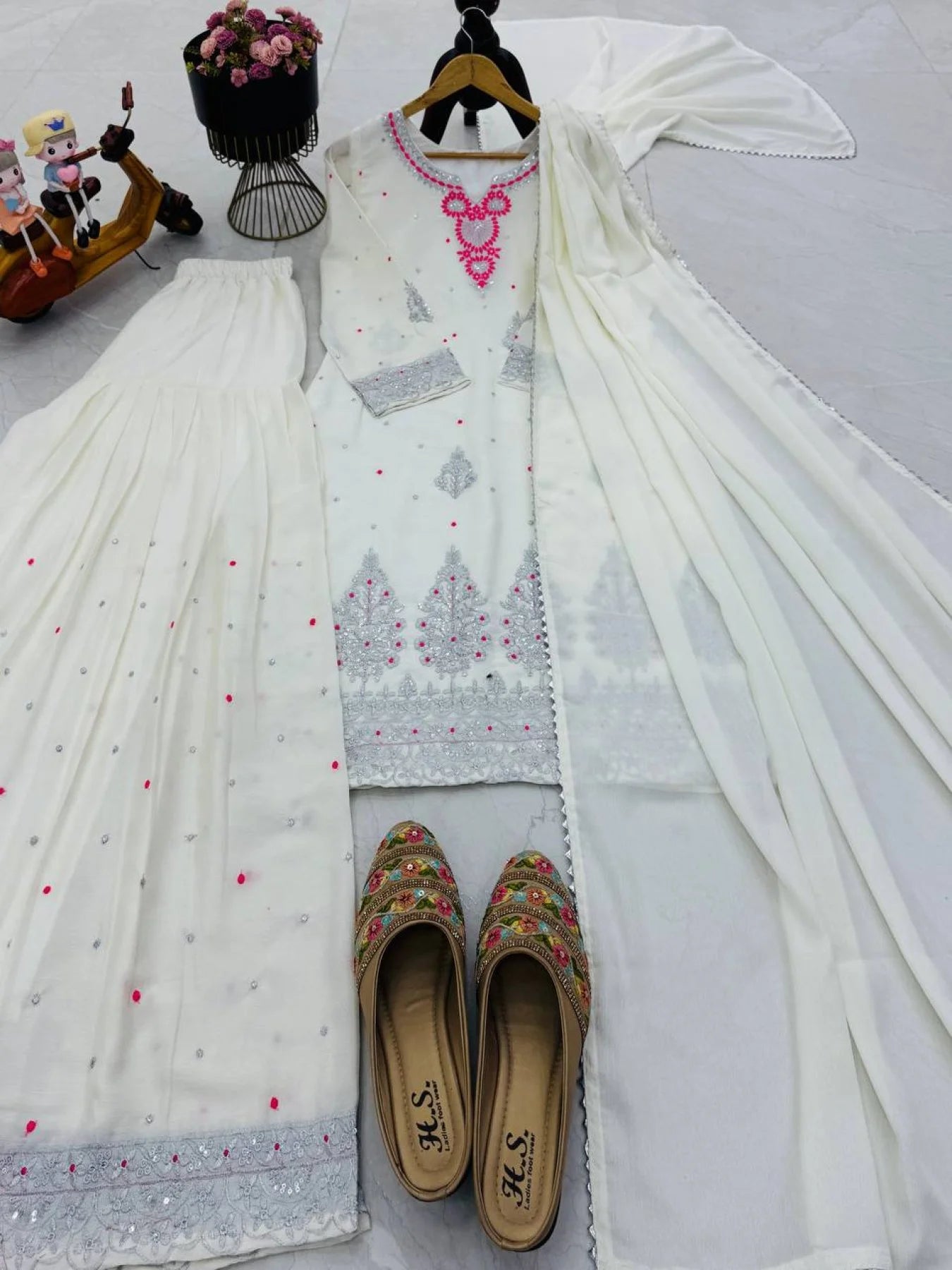 White Chinon Sharara Suit With Sequin Embroidery Ready To Wear Designer Set From Royalexport Surat