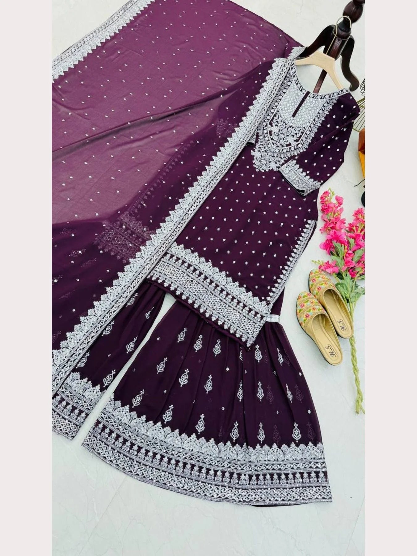 Women Maroon Designer Foux Georgette Embroidery and Sequence work Sharara set