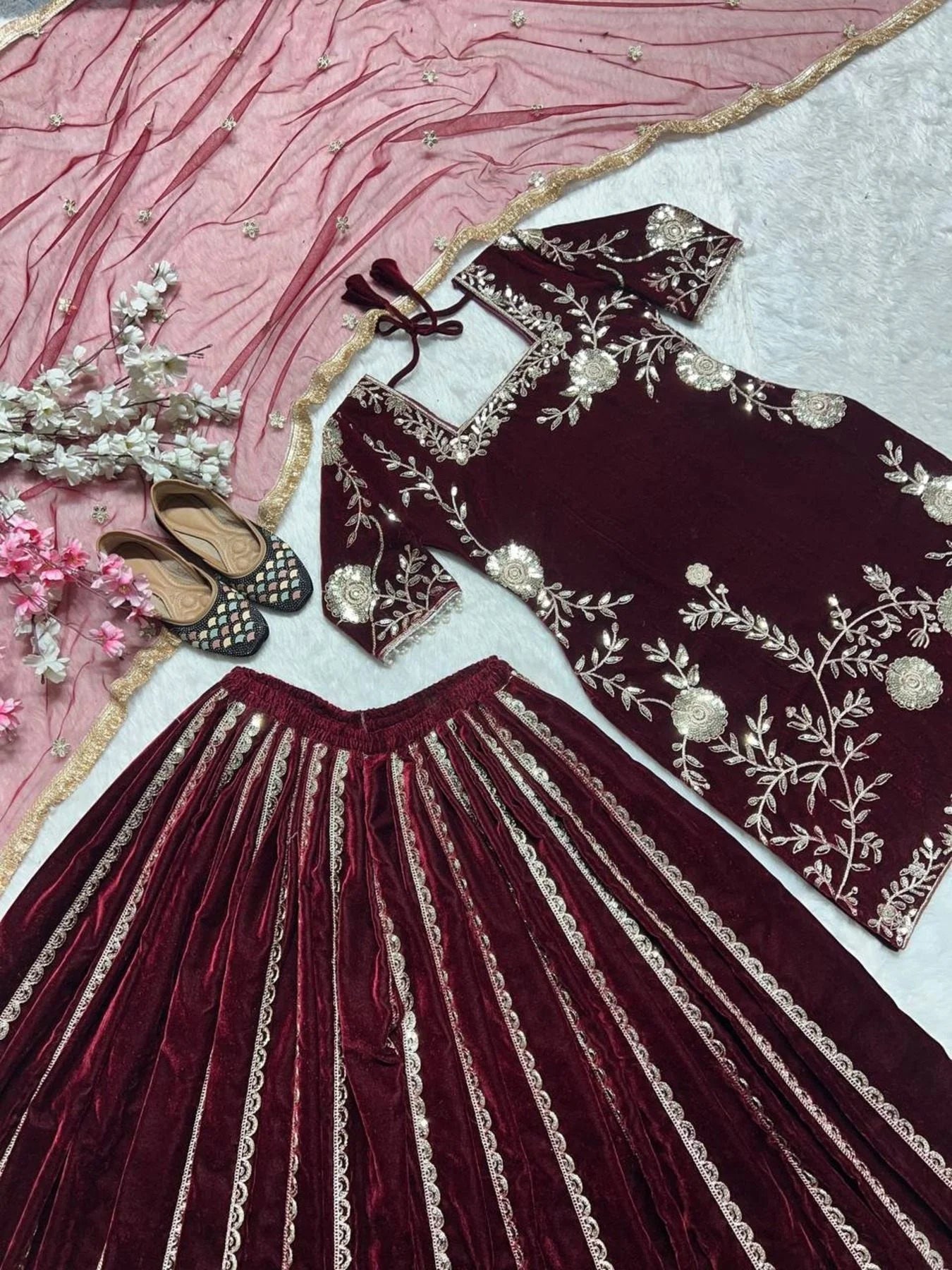 Latest Winter Viscos Velvet Sharara set with Heavy Embroidery work