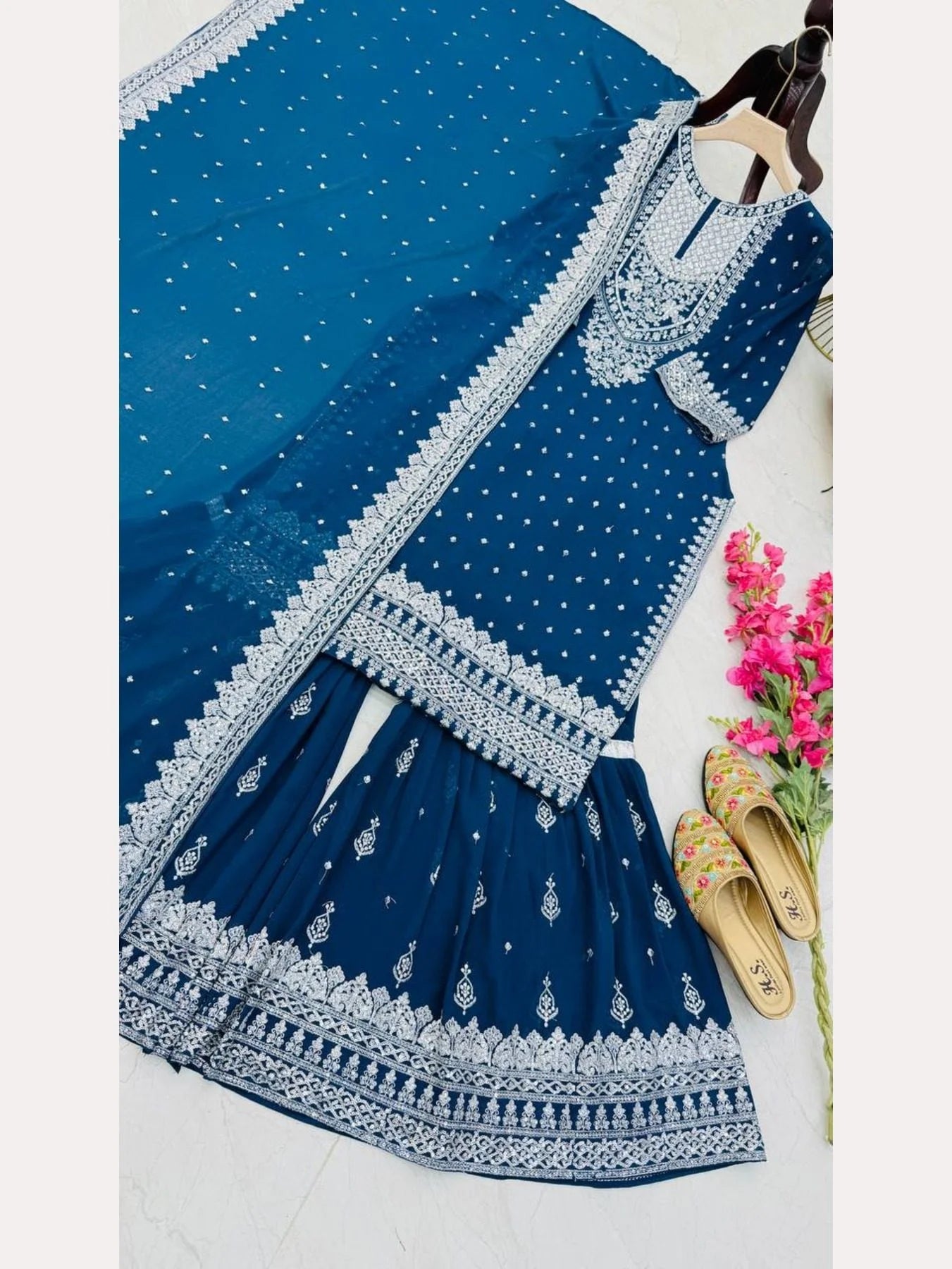 Women Blue Designer Foux Georgette Embroidery and Sequence work Sharara set