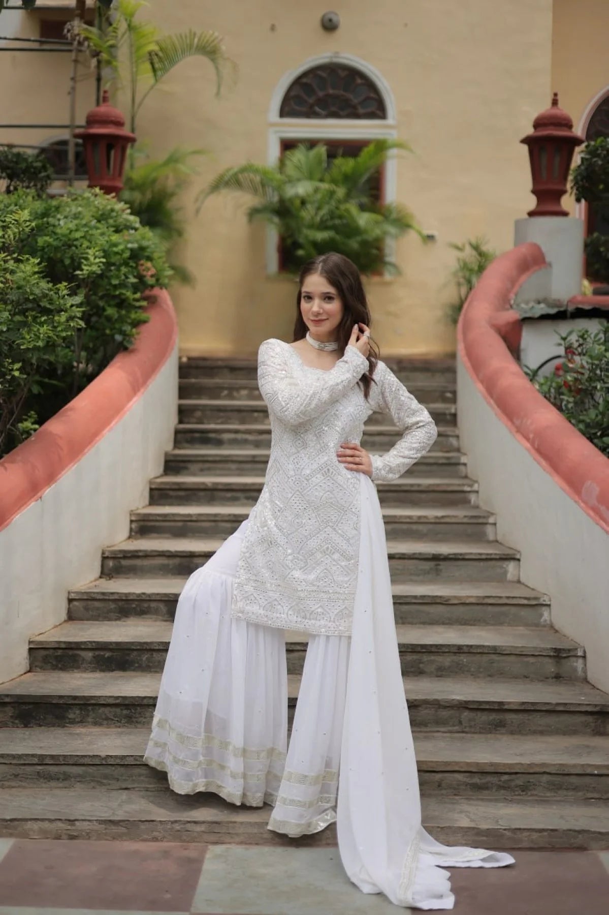 Extraordinary White Color Kurti Sharara Set with Embroidered Dupatta for Women