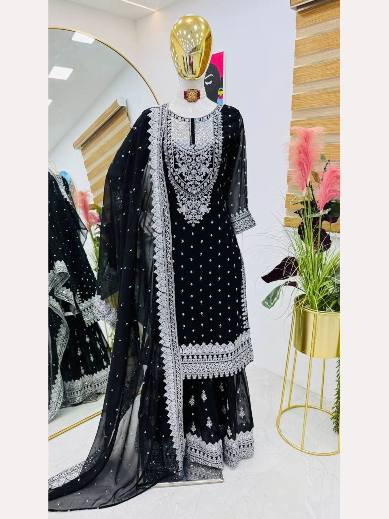 Women Black Designer Foux Georgette Embroidery and Sequence work Sharara set