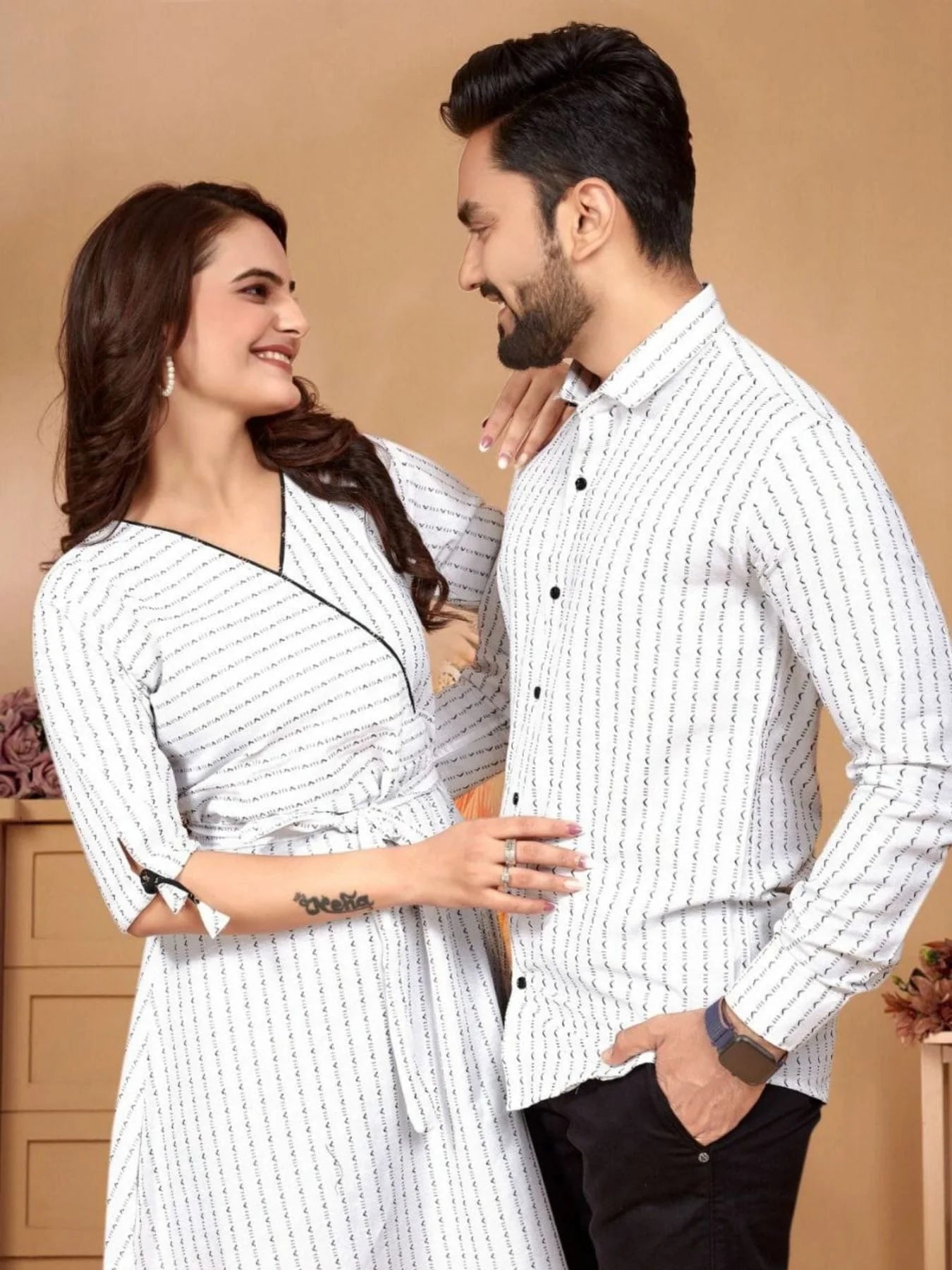 New Launch White Color Pure Cotton Pattern Weaving Couple Combo Collection