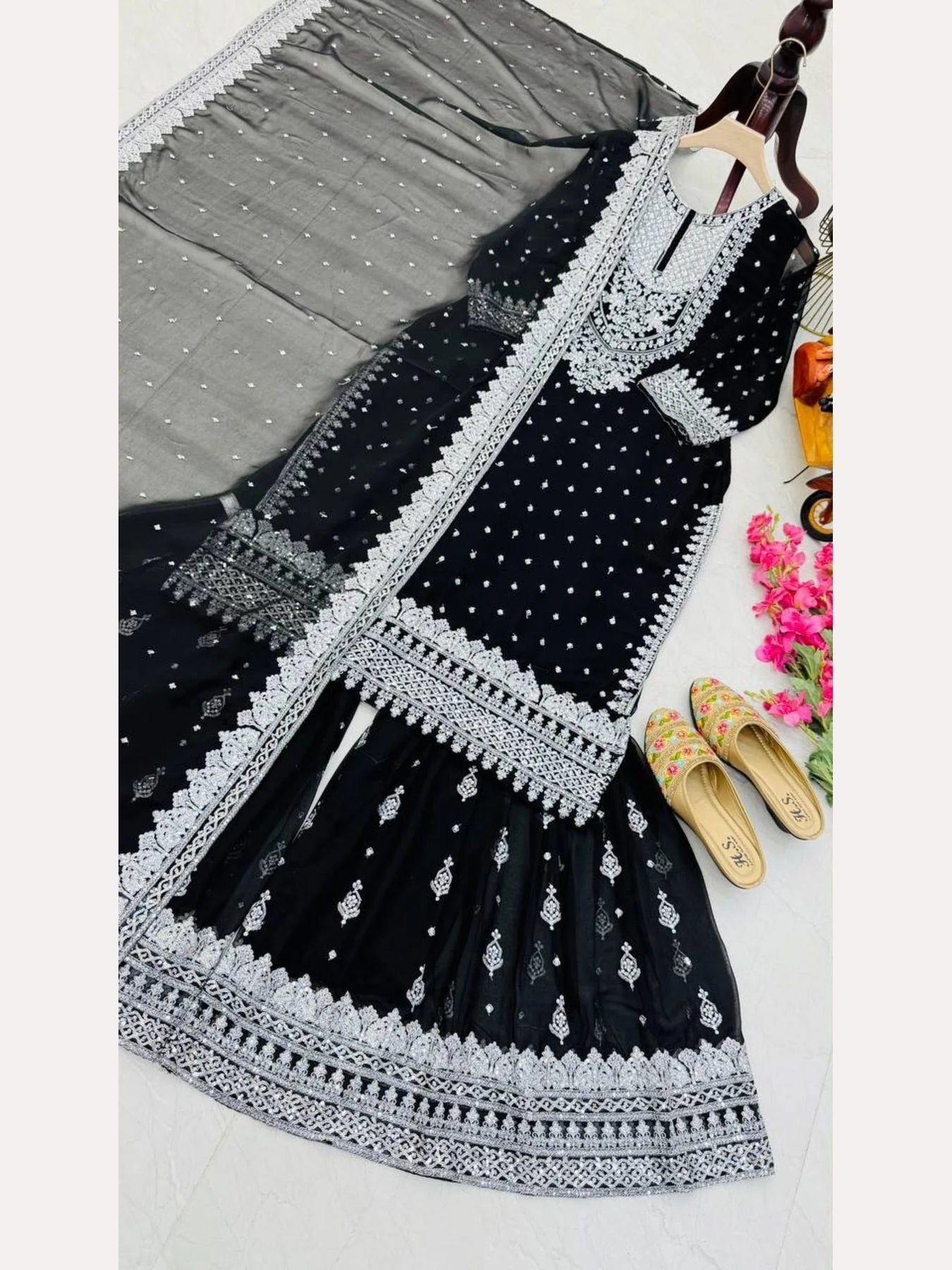 Women Black Designer Foux Georgette Embroidery and Sequence work Sharara set