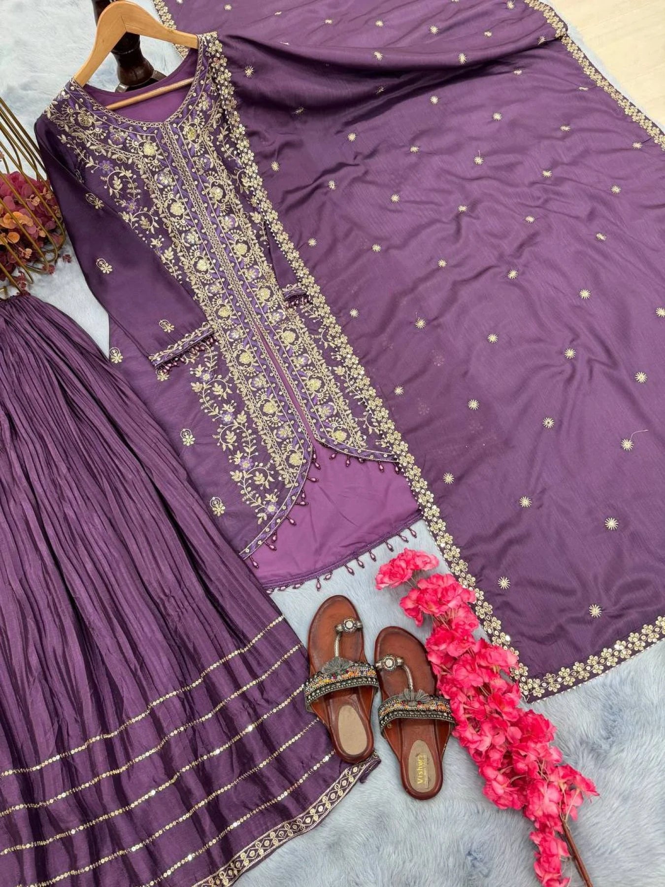 Launching New Designer Party Wear Look Pur Heavy pur chinon Silk Top Sharara Plazzo Dupatta Set