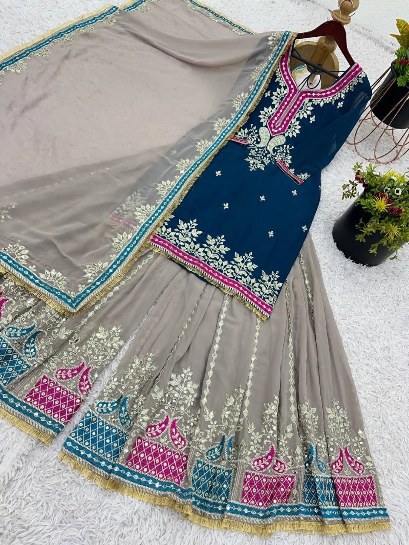 Royal Embroidered Sharara Suit Set in Pure Georgette Top with Mirror & Sequin Work, Paired with Heavy Flared Sharara Ready-to-Wear