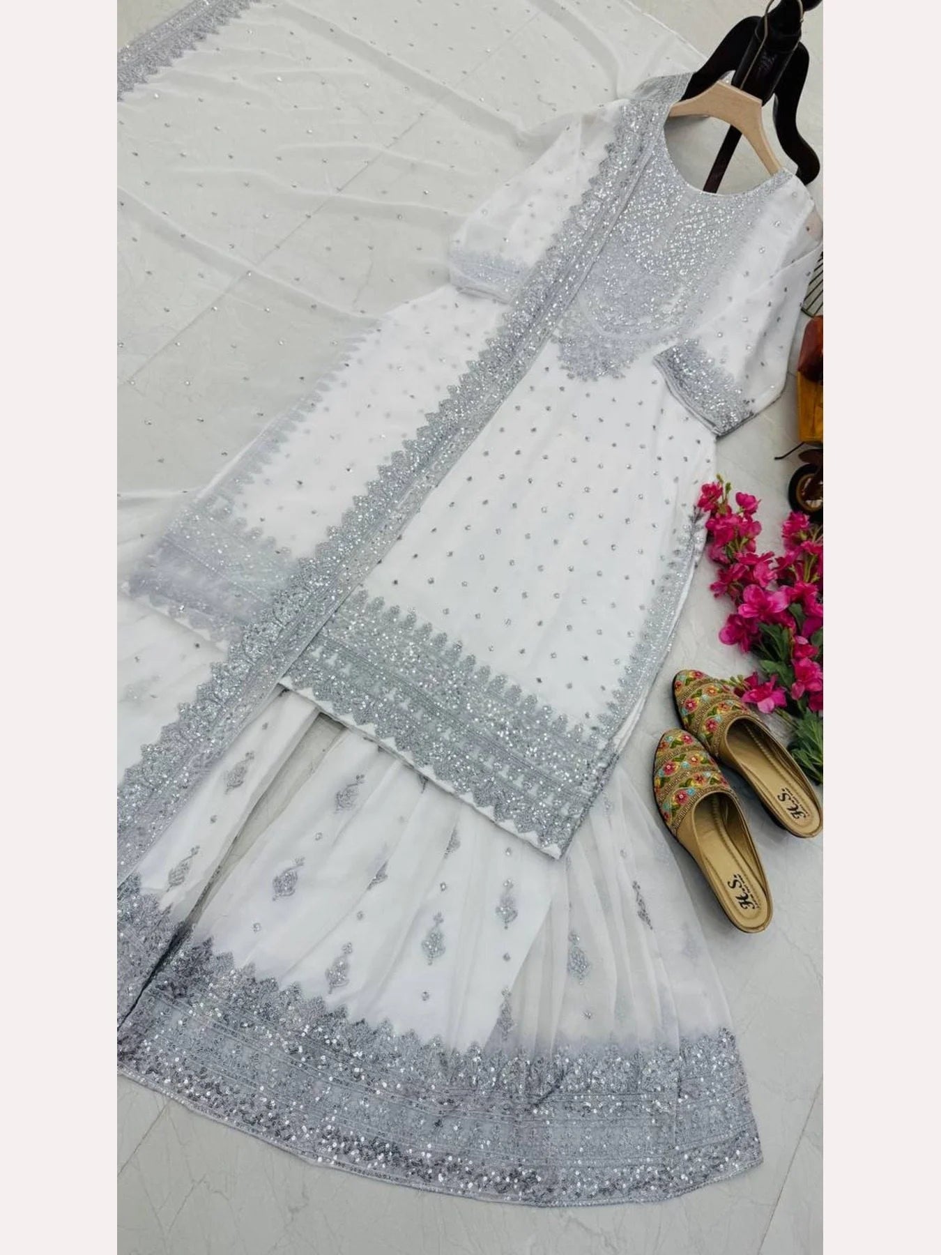 Women White Designer Foux Georgette Embroidery and Sequence work Sharara set