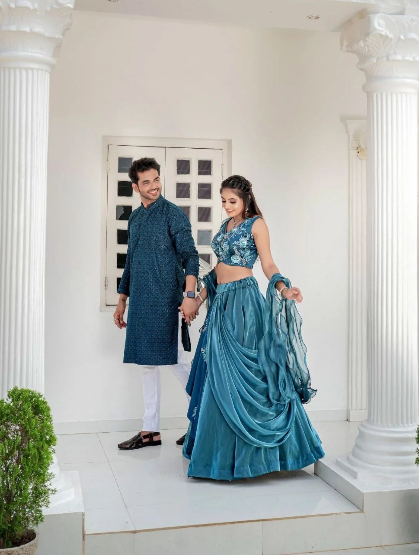 Rama Western Flower Couple Combo Lahenga Choli