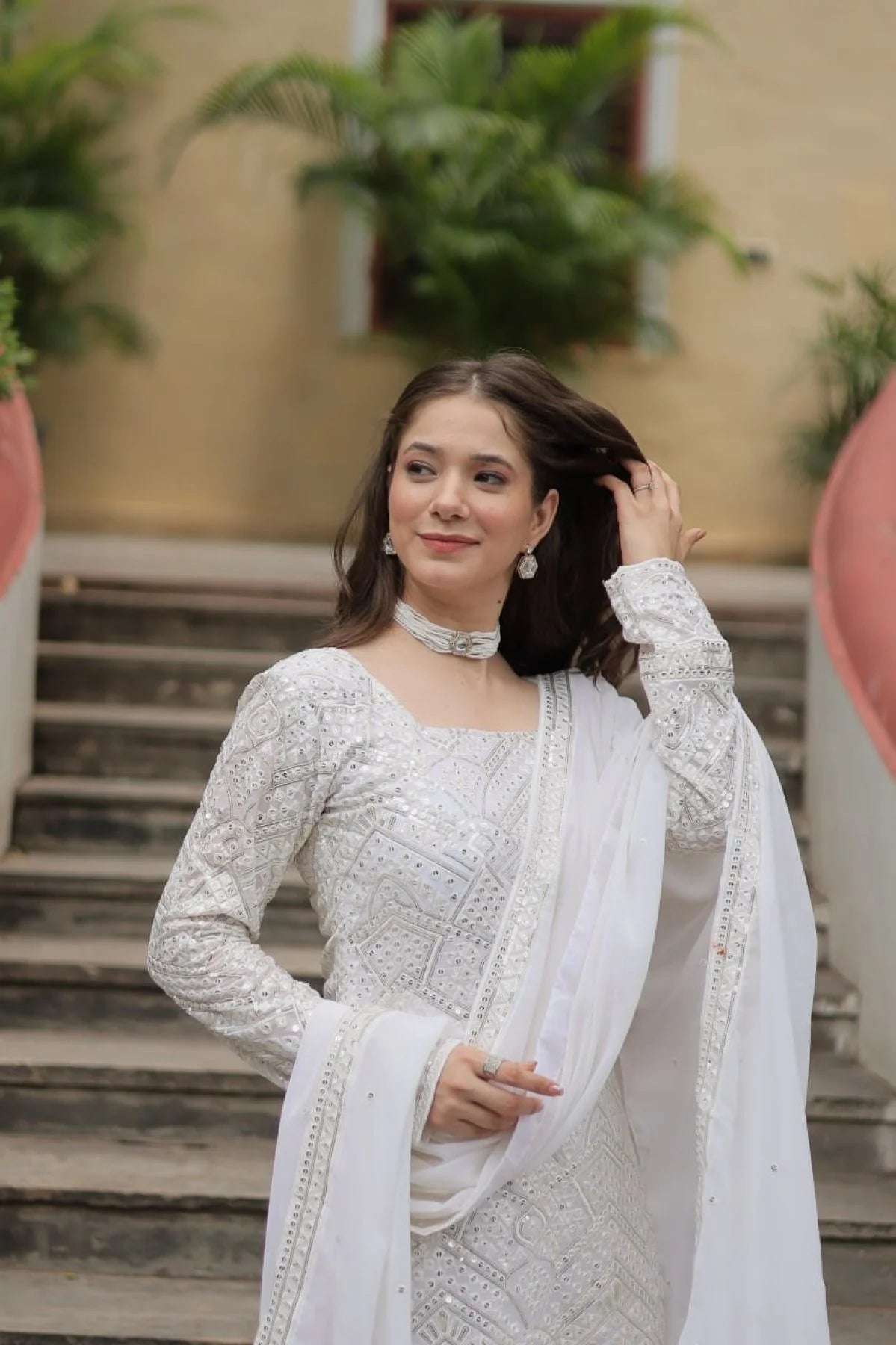Extraordinary White Color Kurti Sharara Set with Embroidered Dupatta for Women