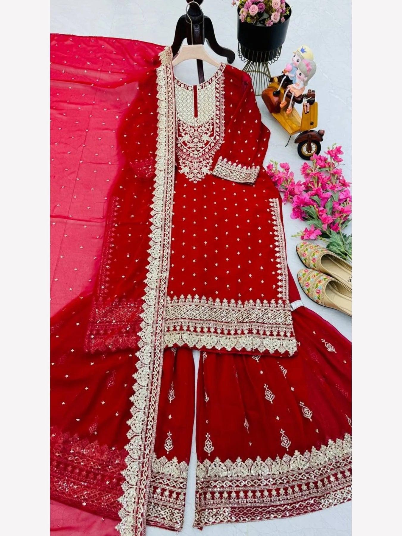 Women Red Designer Foux Georgette Embroidery and Sequence work Sharara set