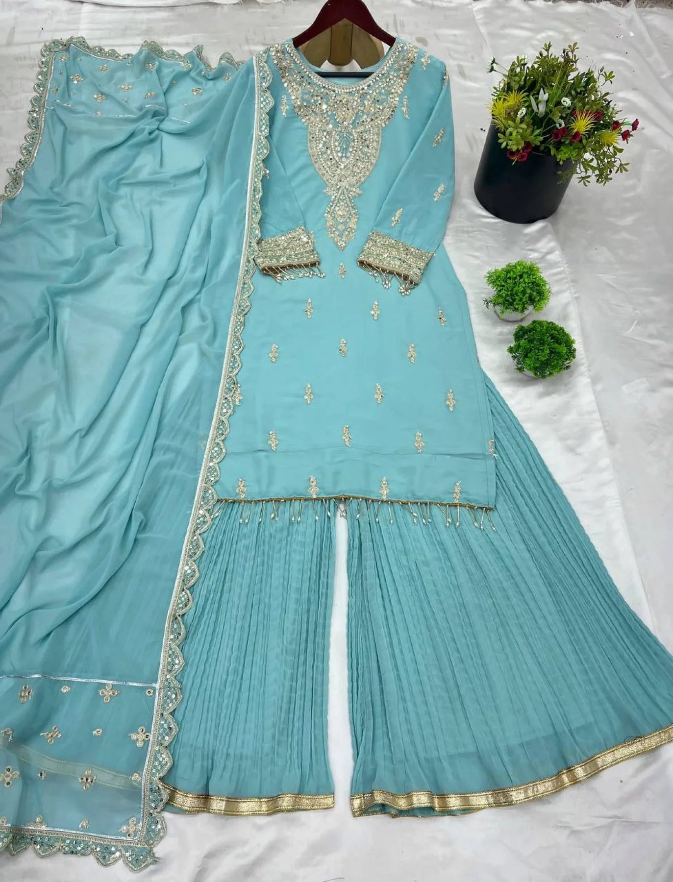 Luxurious Party Wear Sharara Suit Set Full Sleeves Embroidered Dupatta Ready to Wear Collection