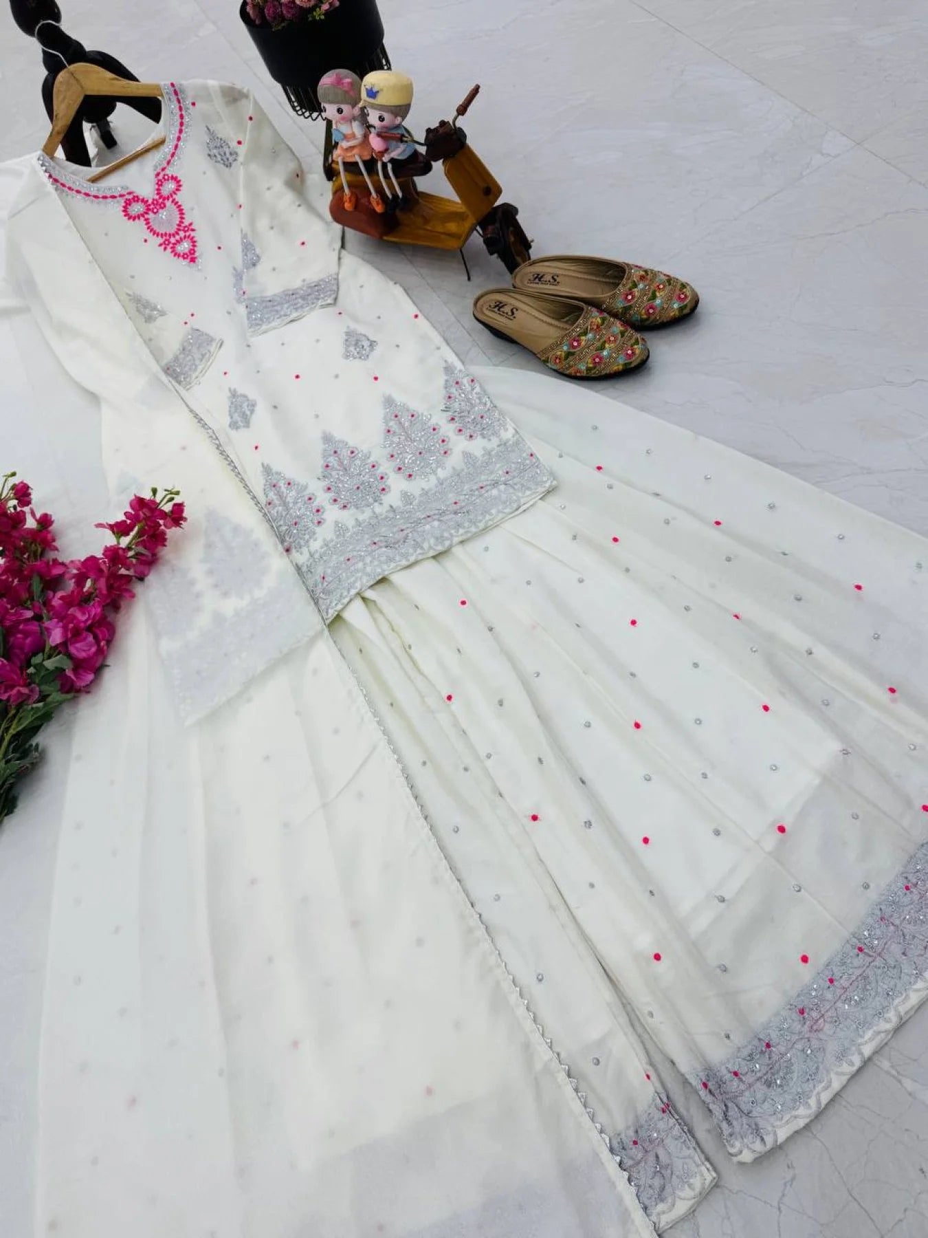 White Chinon Sharara Suit With Sequin Embroidery Ready To Wear Designer Set From Royalexport Surat