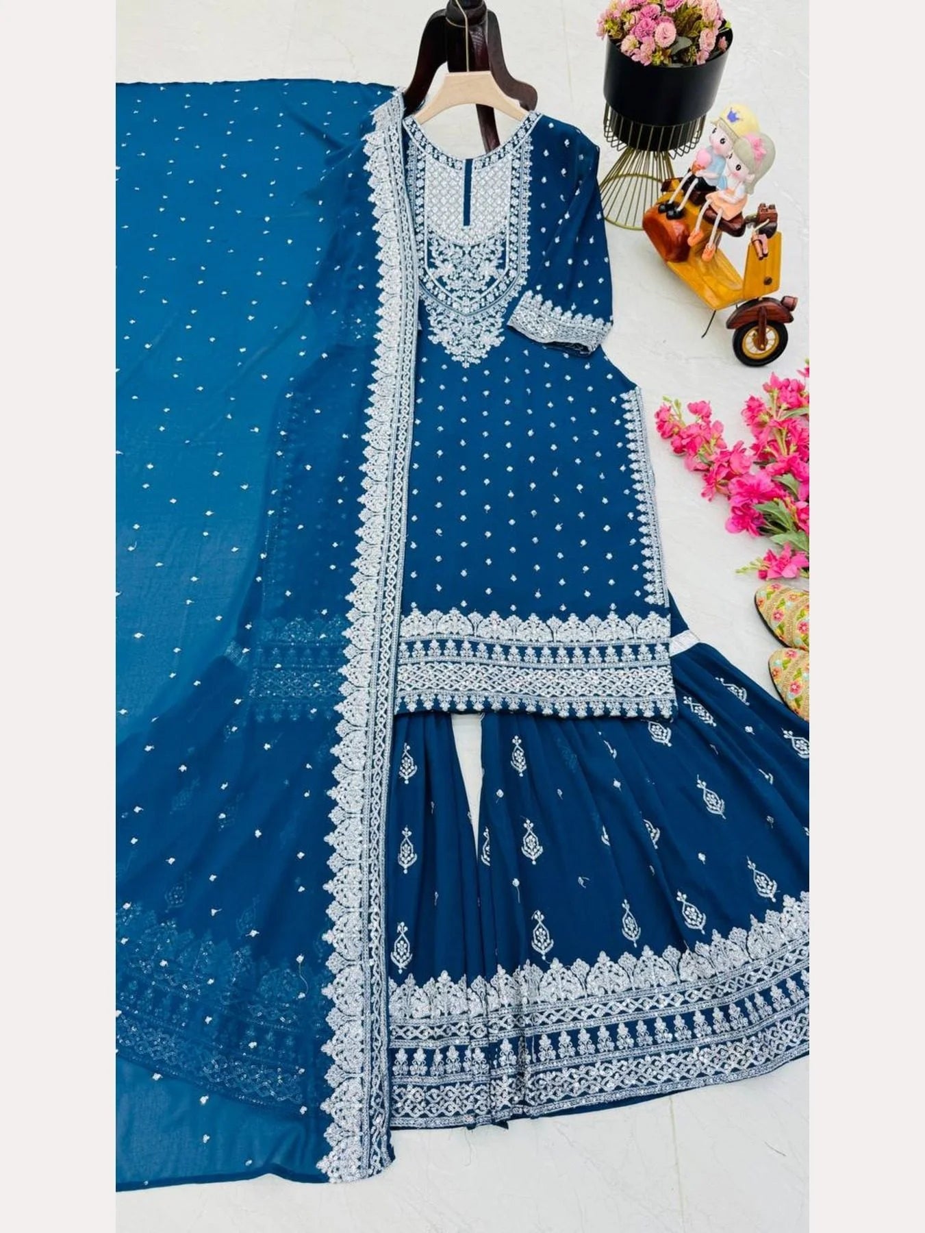 Women Blue Designer Foux Georgette Embroidery and Sequence work Sharara set
