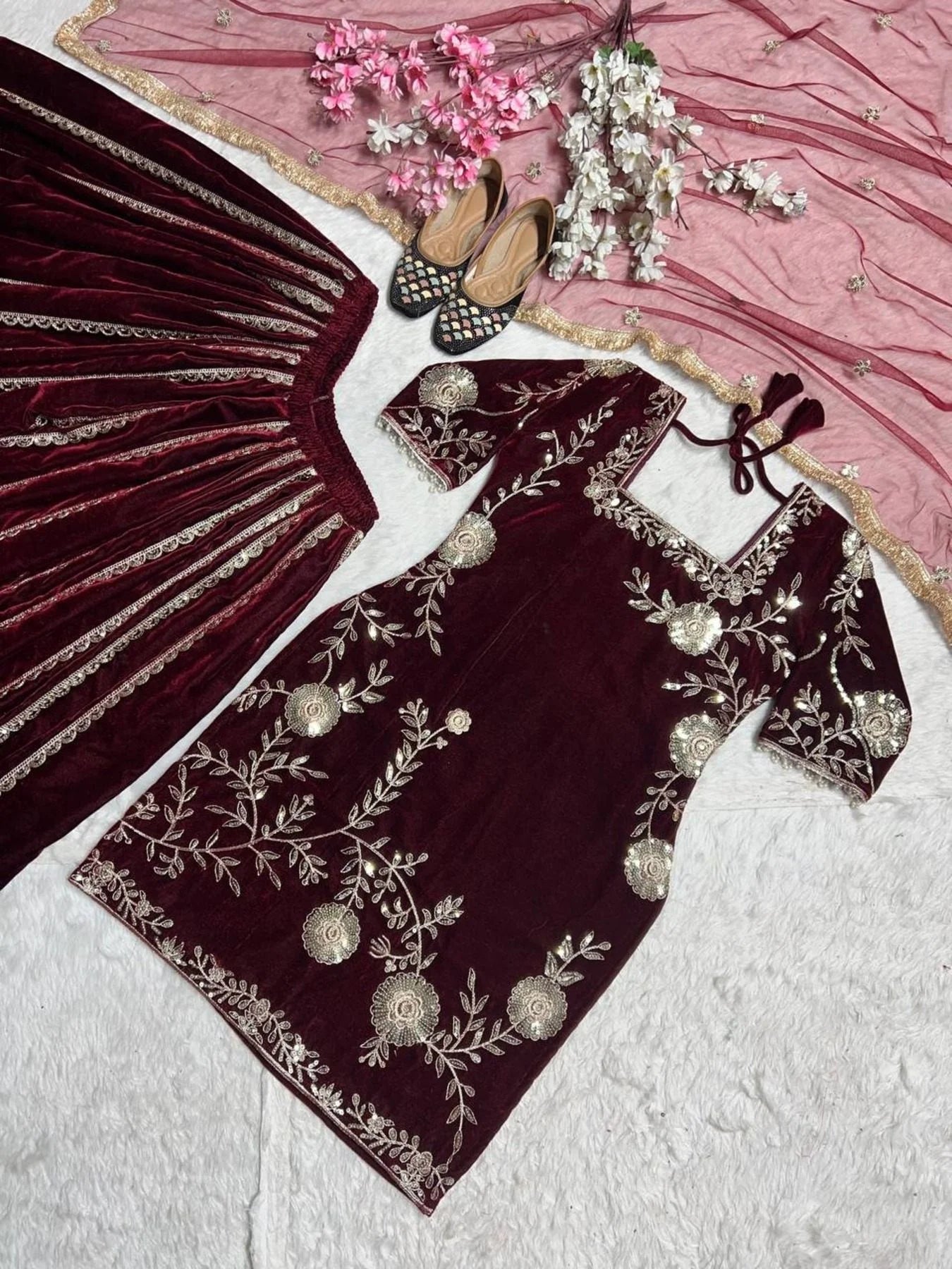Latest Winter Viscos Velvet Sharara set with Heavy Embroidery work