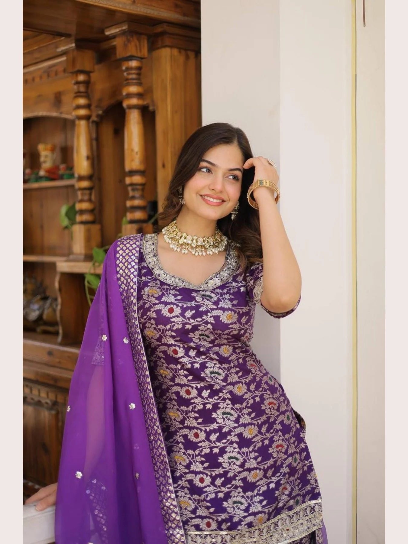 Ready to Wear wine Kurti Gharara in Viscose Jacquerd and Embroidery Sequence work with Russion Silk Dupatta