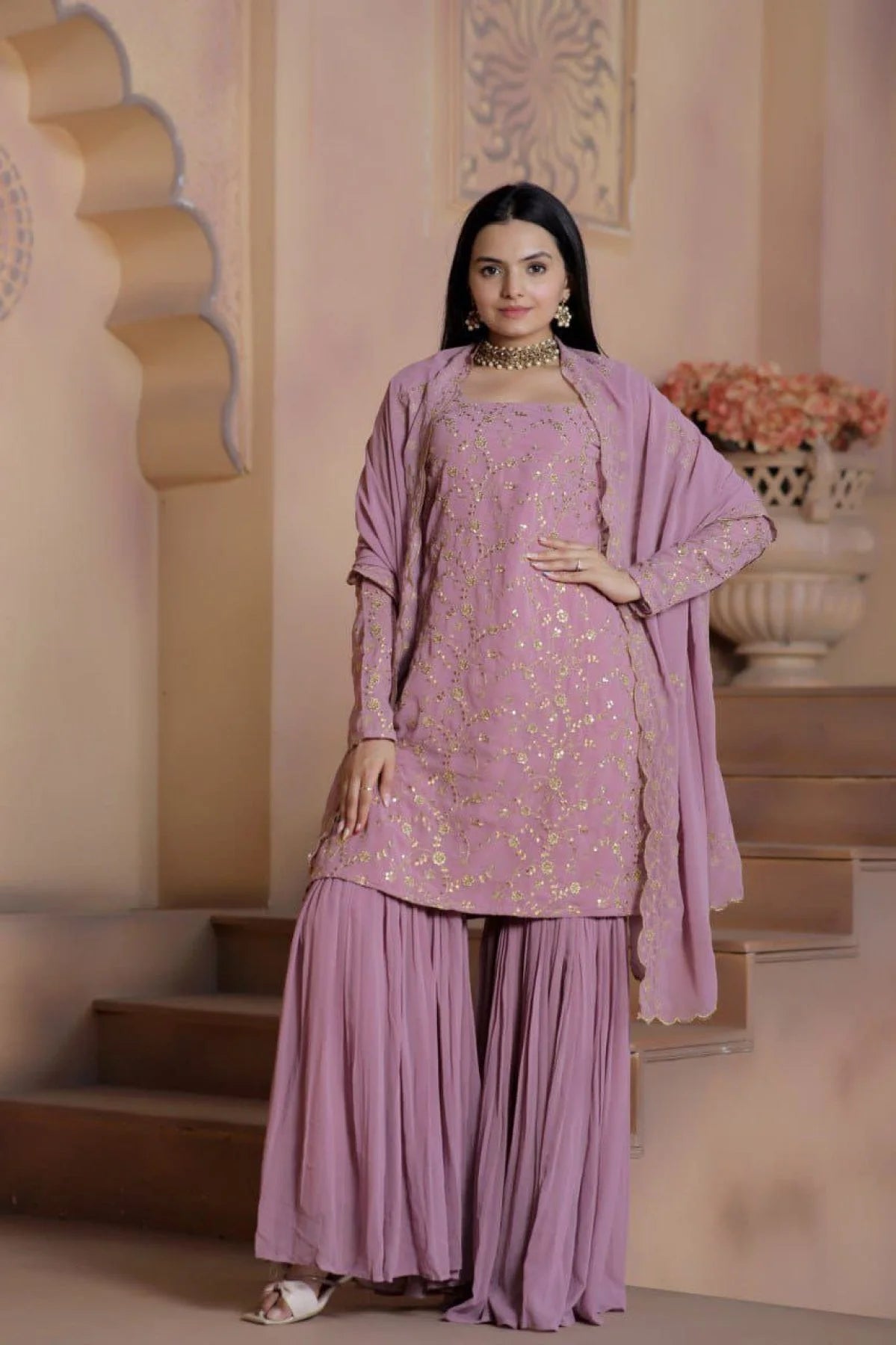 Designer Faux Georgette Embroidery Work Sharara Suits