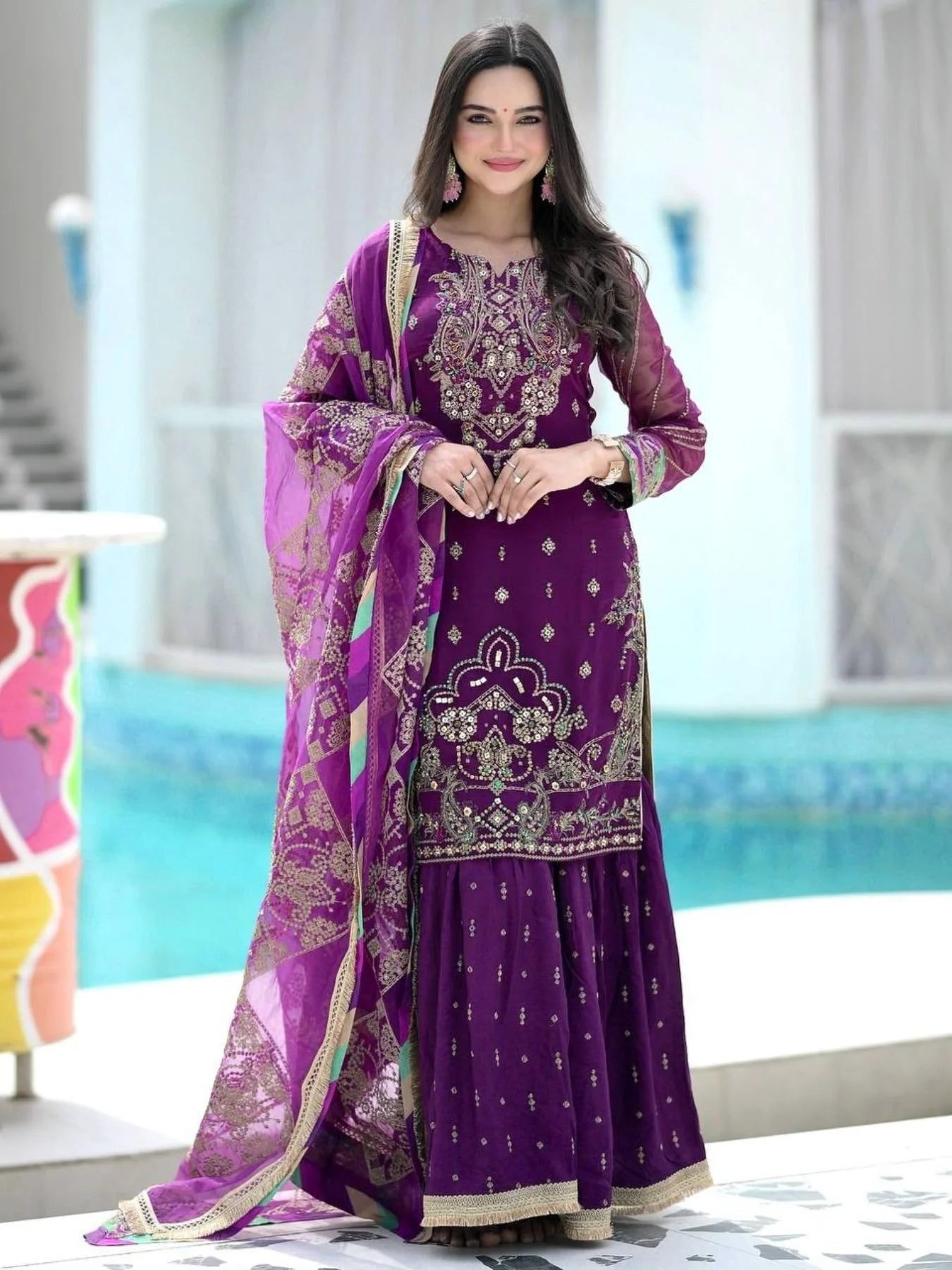 New Launch Party Wear Chinon Suit Set Ready to Wear Heavy Embroidery Sequin Work Latest Collection
