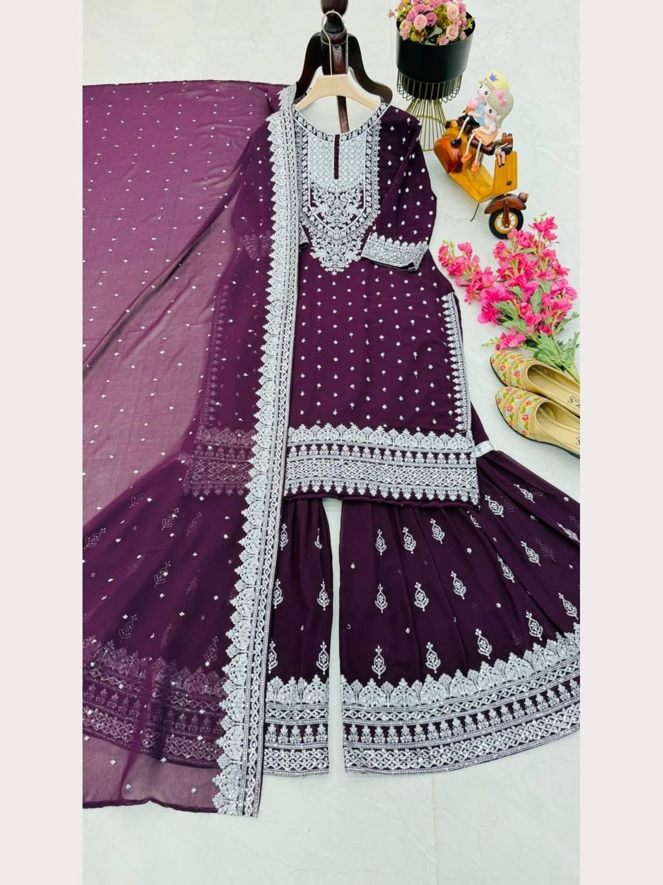 Women Maroon Designer Foux Georgette Embroidery and Sequence work Sharara set