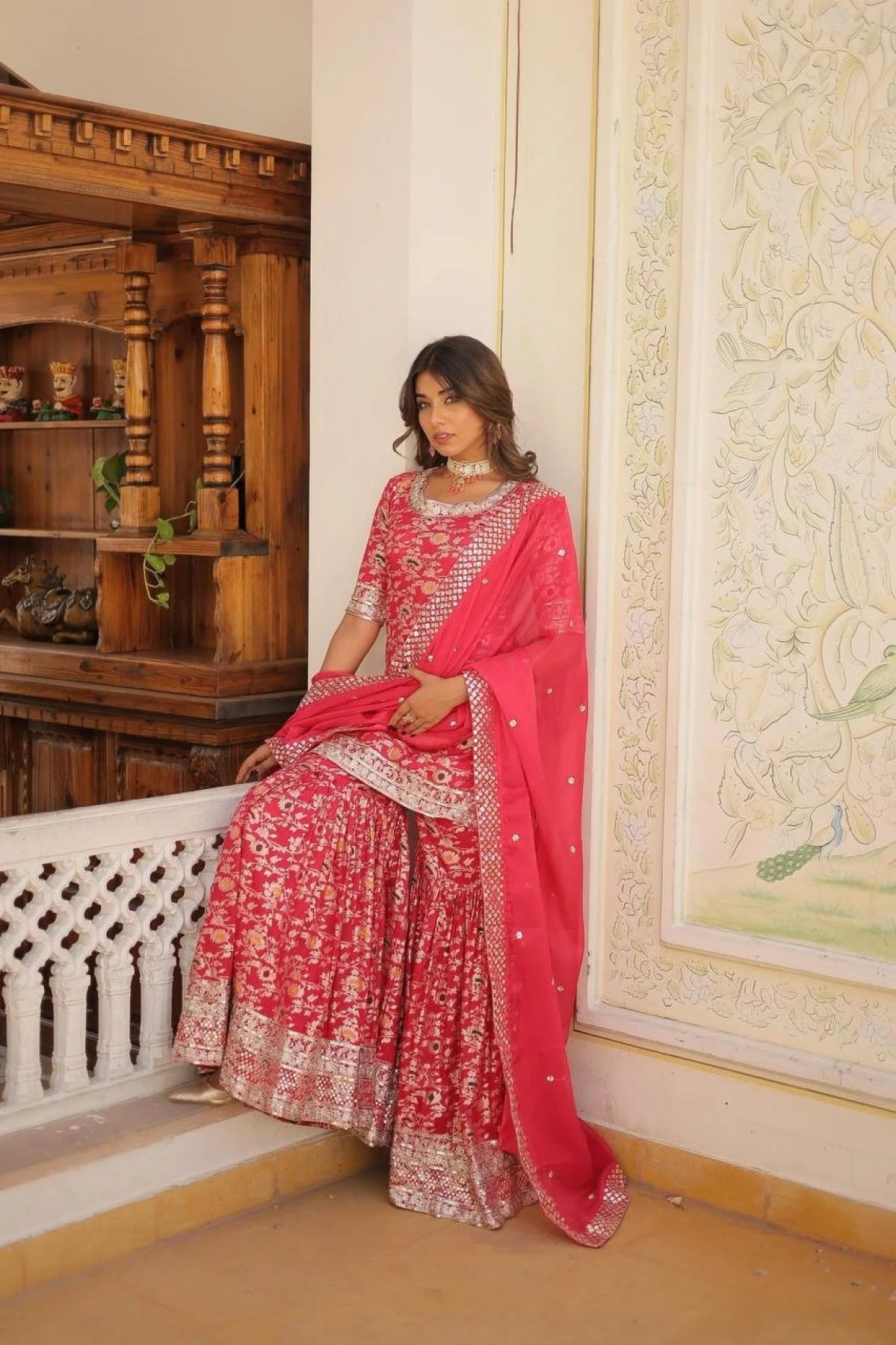 Ready to Wear Rani pink Kurti Gharara in Viscose Jacquerd and Embroidery Sequence work with Russion Silk Dupatta