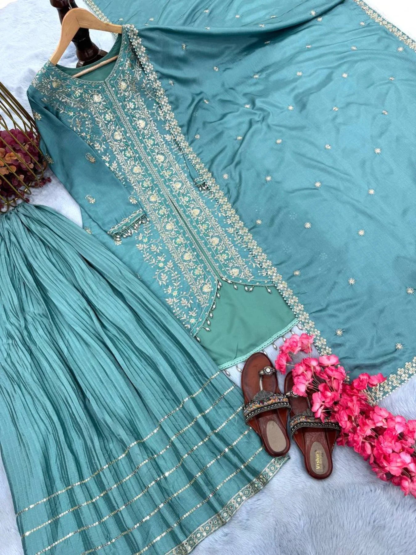 Launching New Designer Party Wear Look Pur Heavy pur chinon Silk Top Sharara Plazzo Dupatta Set